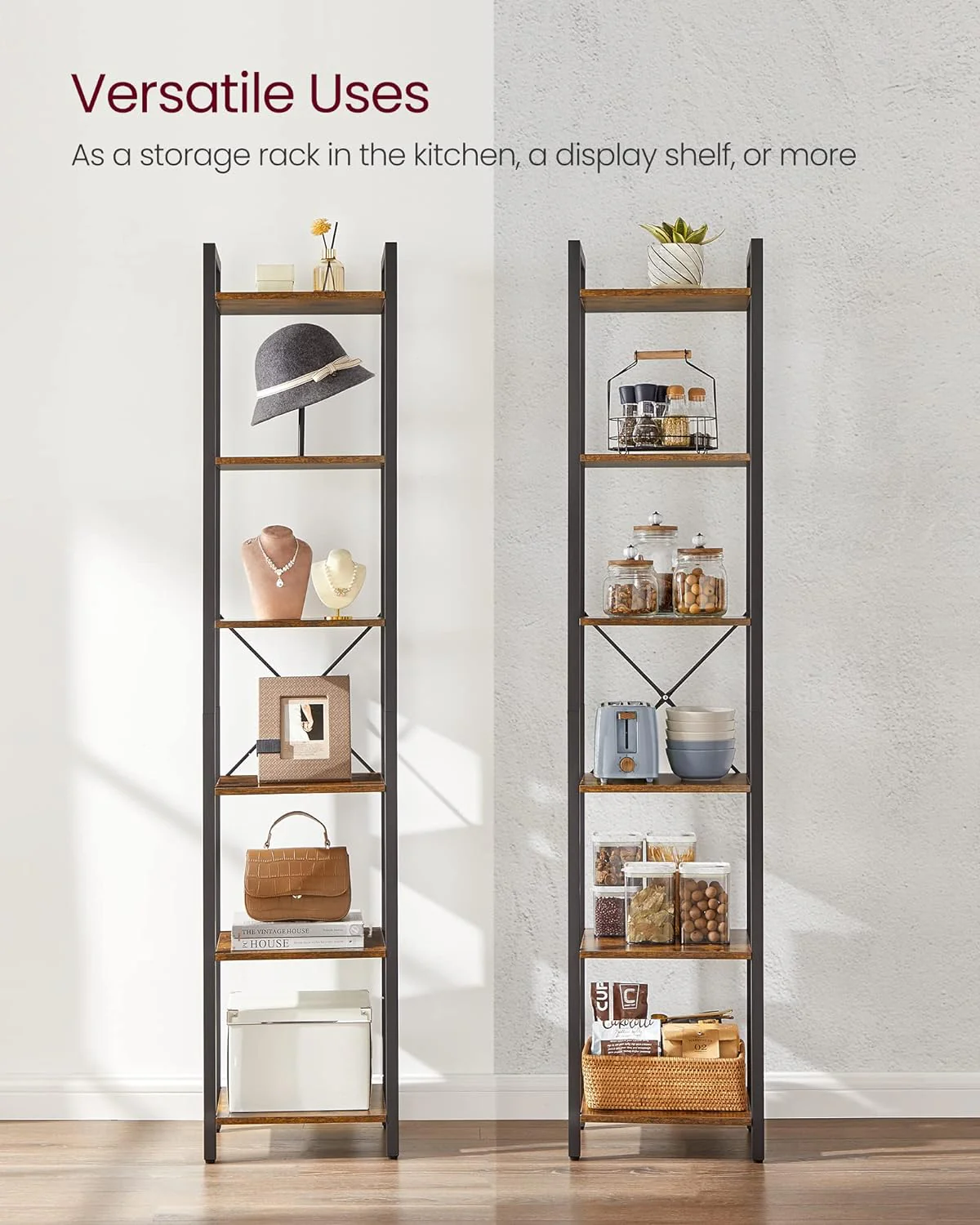 6-Tier Rustic Brown Bookcase - 30cm Wide - Image 4