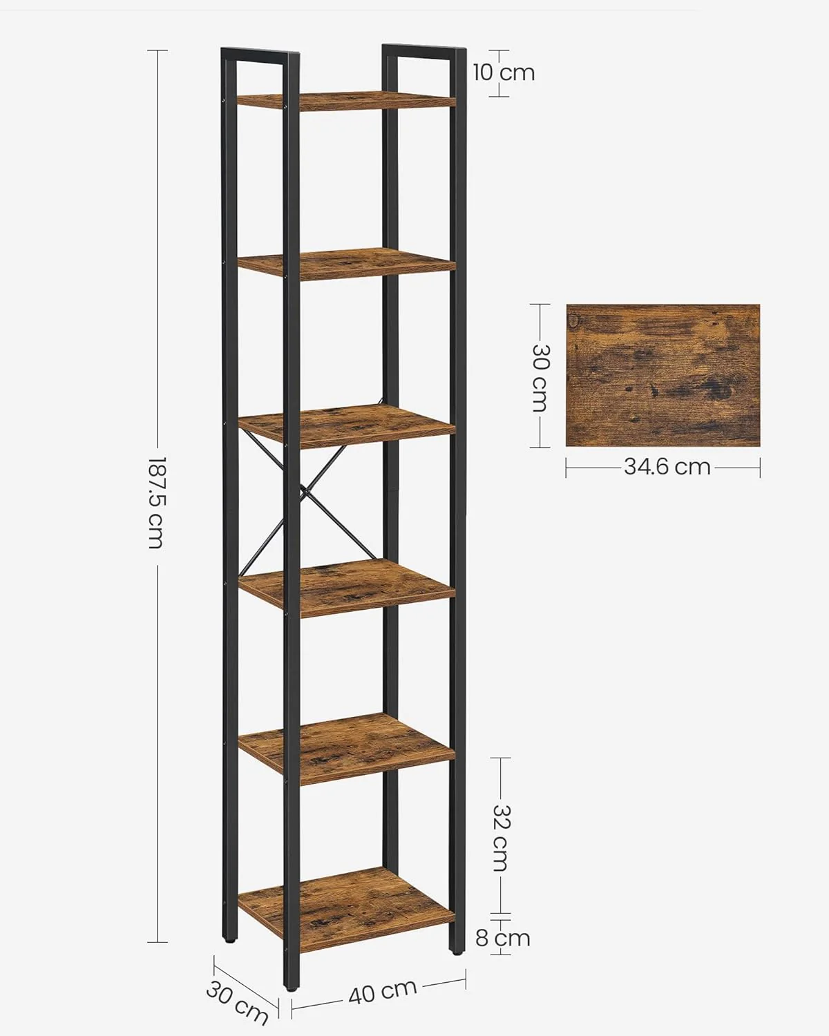 6-Tier Rustic Brown Bookcase - 30cm Wide - Image 5