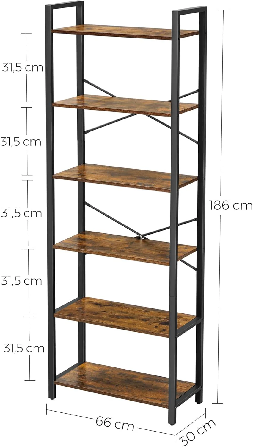 6-Tier Rustic Brown Bookcase - 66cm Wide - Image 3
