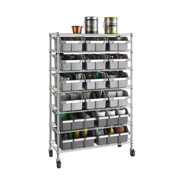 Seville Classics 7 Tier Commercial Bin Storage with 16 Bins & Wheels - Image 6