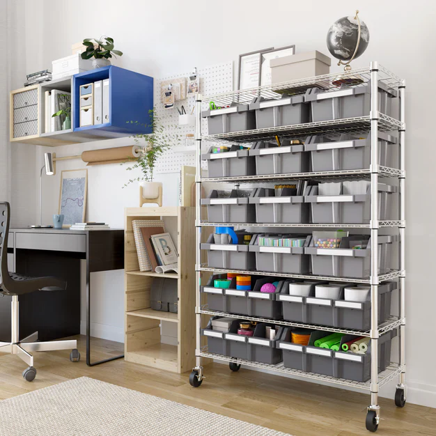 Seville Classics 7 Tier Commercial Bin Storage with 16 Bins & Wheels - Image 7