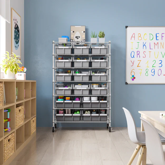 Seville Classics 7 Tier Commercial Bin Storage with 16 Bins & Wheels - Image 9