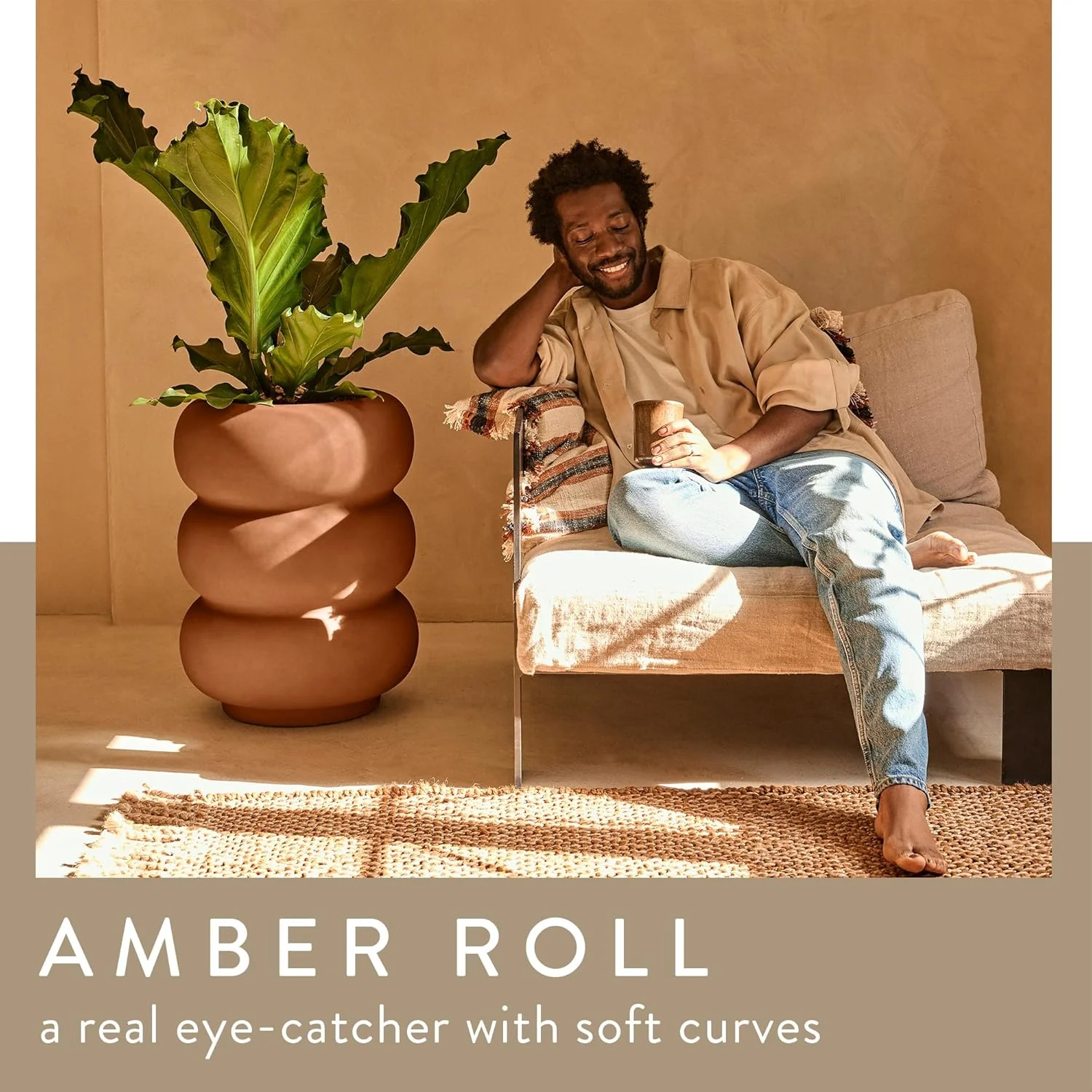 Amber Roll High 43cm Indoor / Outdoor Plant Pot - Caramel - Image 2
