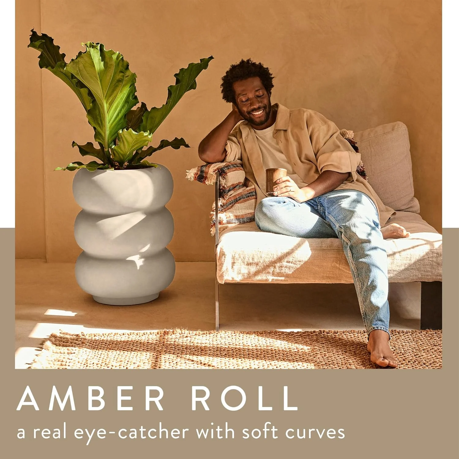 Amber Roll High 43cm Indoor / Outdoor Plant Pot - Linen White - Image 2