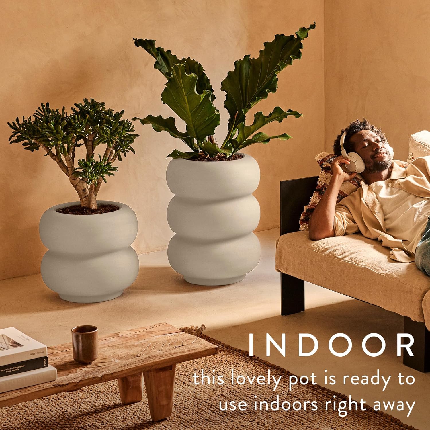 Amber Roll High 43cm Indoor / Outdoor Plant Pot - Linen White - Image 4
