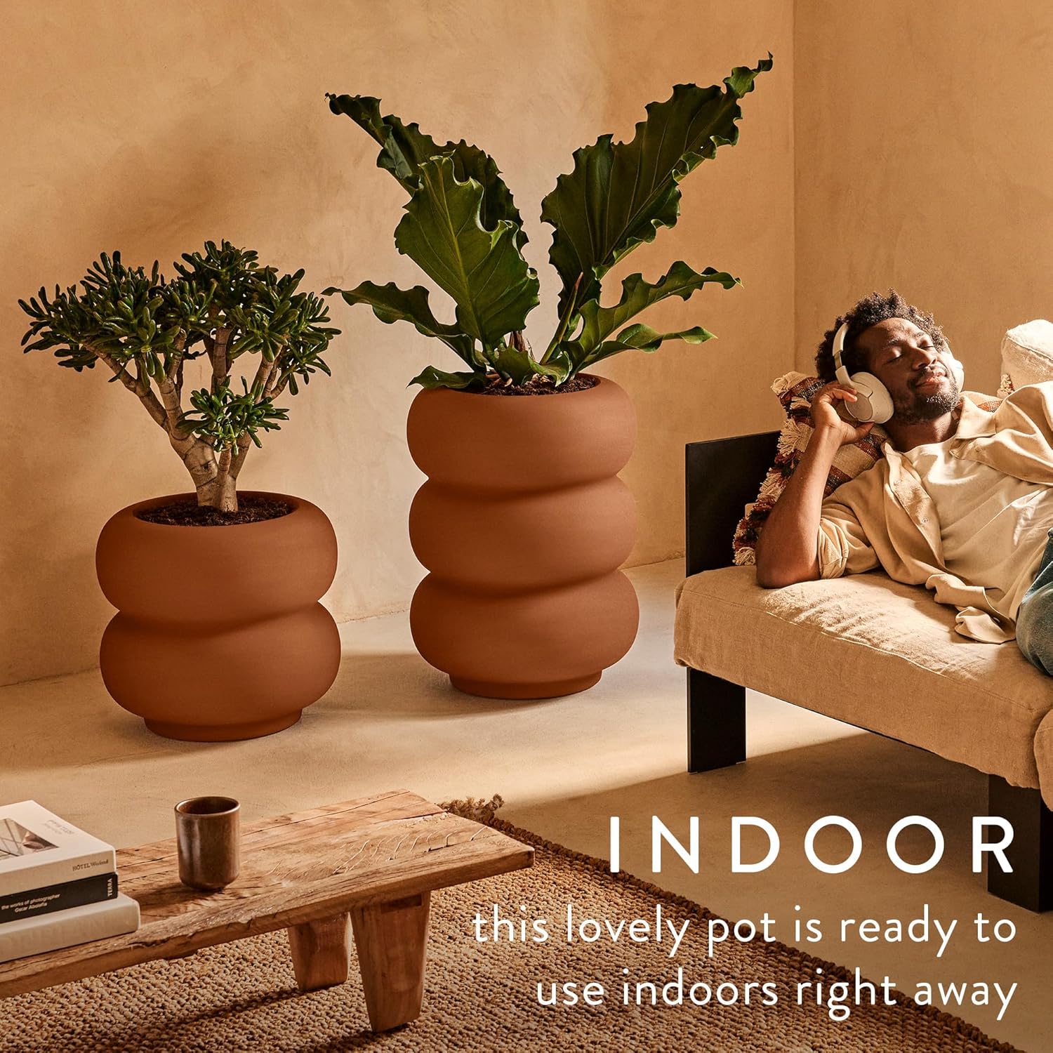 Amber Roll Low 43cm Indoor / Outdoor Plant Pot - Caramel - Image 5