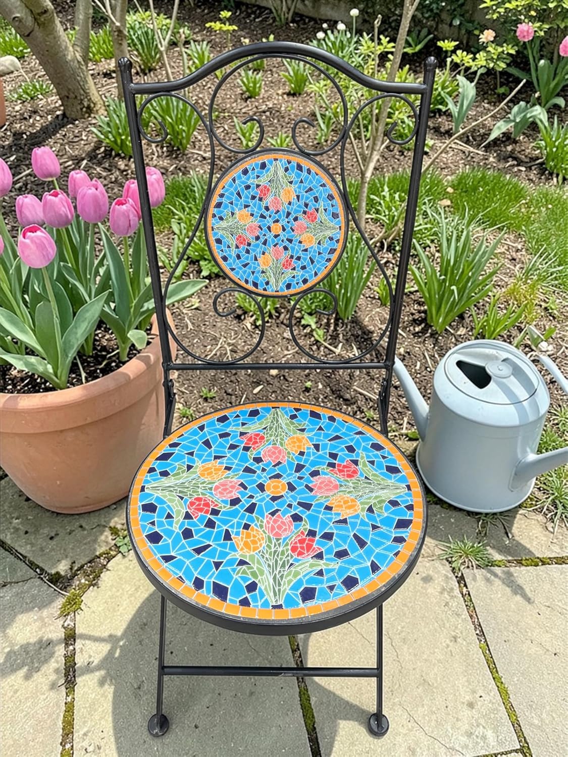Blue Tulip Print Mosaic Metal Bistro Set - Image 2