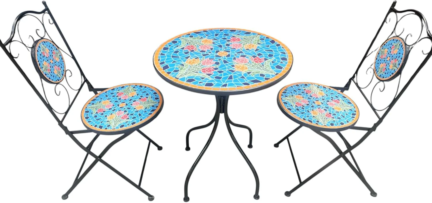 Blue Tulip Print Mosaic Metal Bistro Set - Image 3