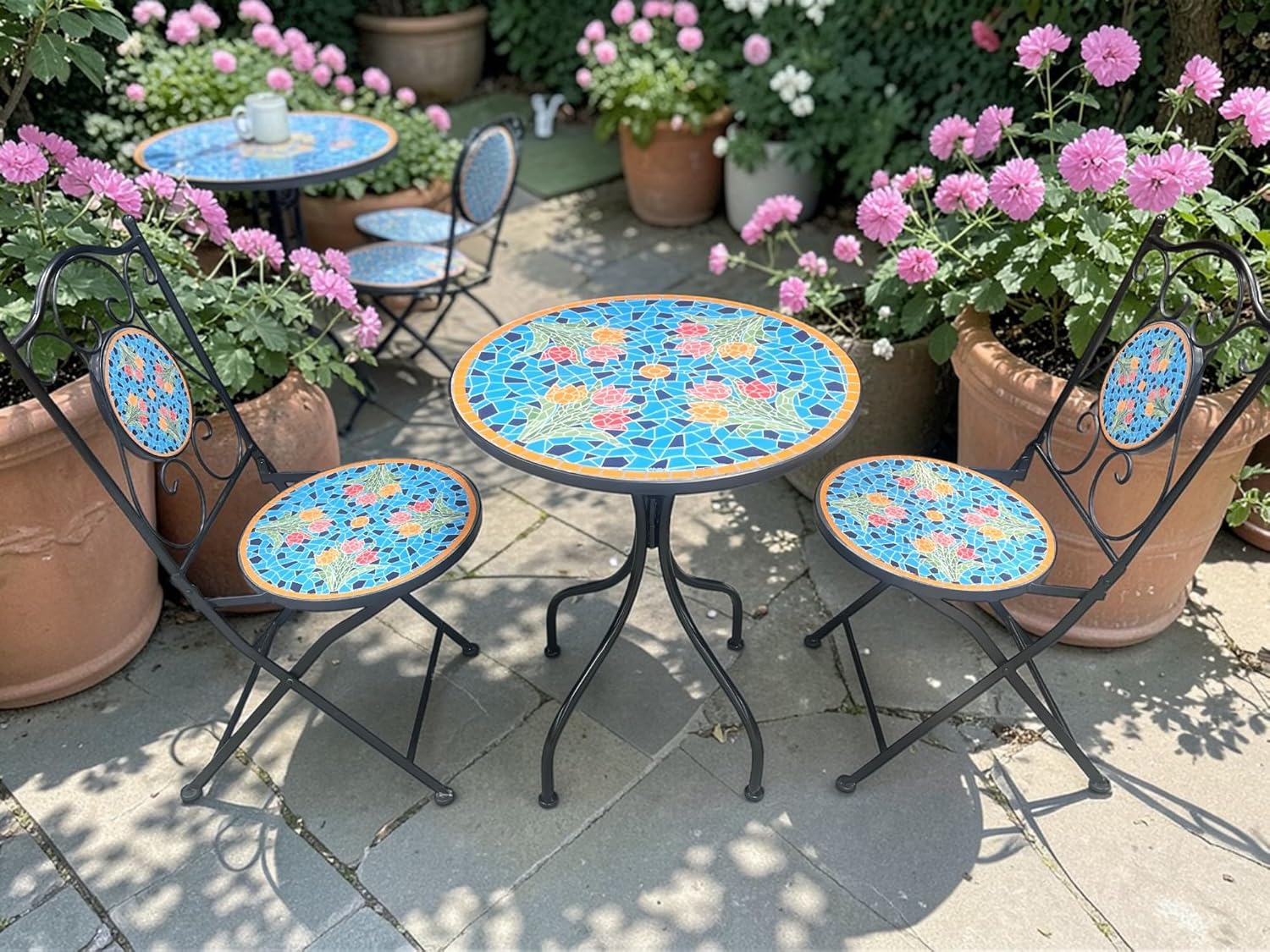 Blue Tulip Print Mosaic Metal Bistro Set - Image 5