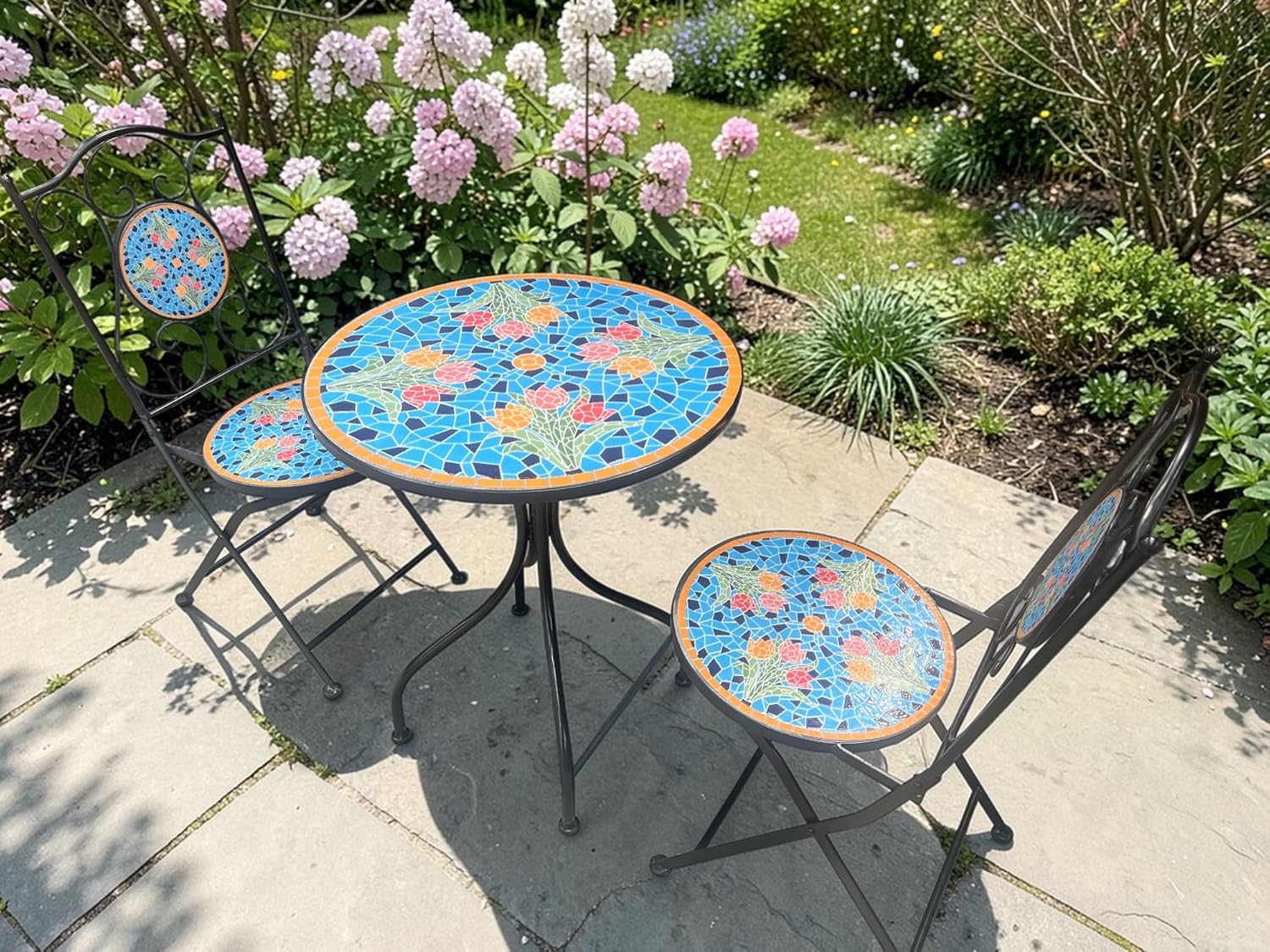 Blue Tulip Print Mosaic Metal Bistro Set - Image 6