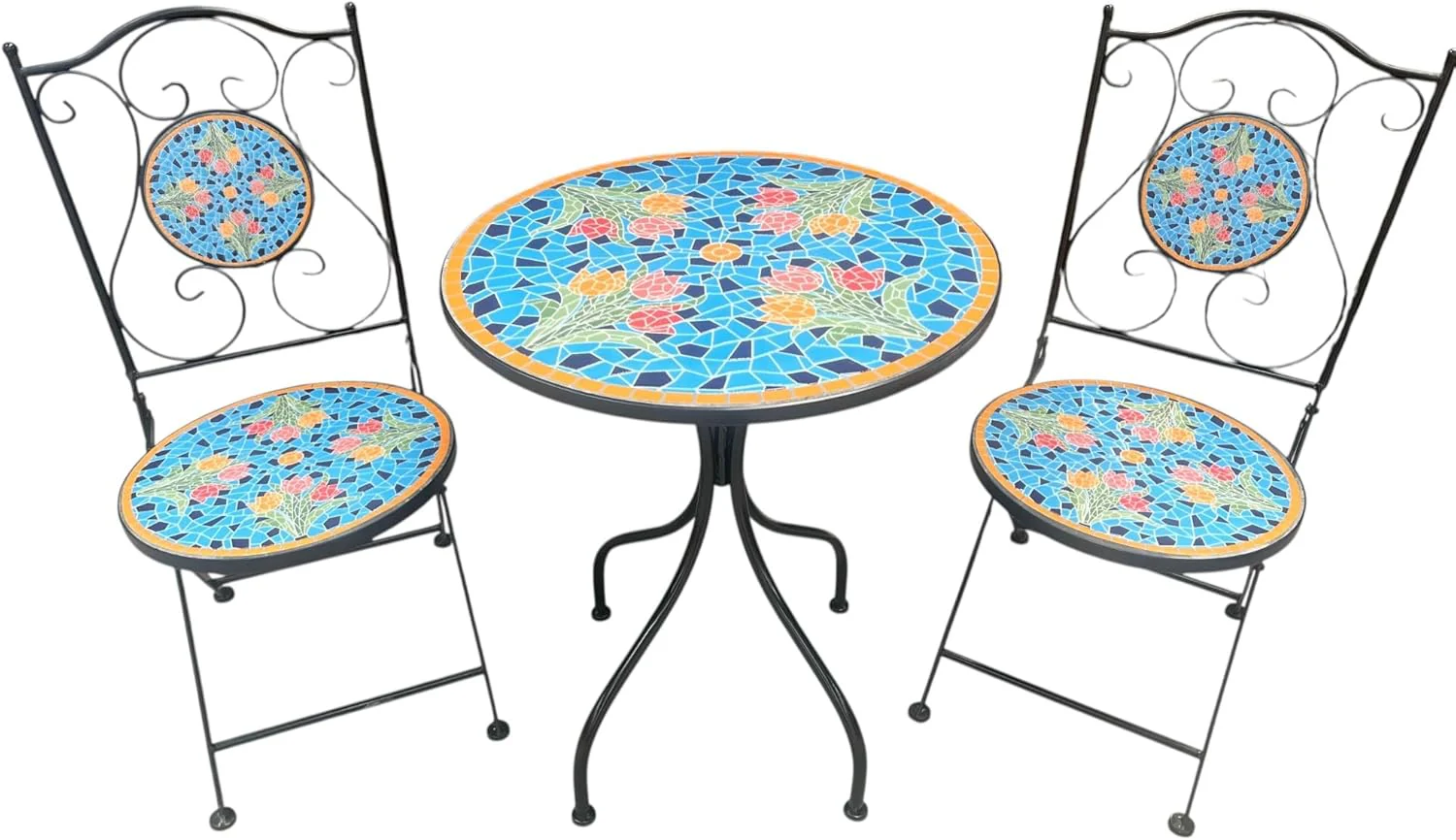 Blue Tulip Print Mosaic Metal Bistro Set - Image 7