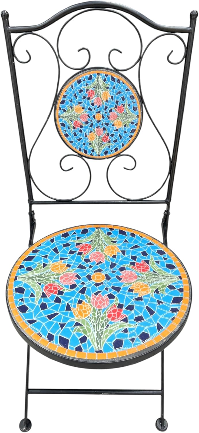 Blue Tulip Print Mosaic Metal Bistro Set - Image 9