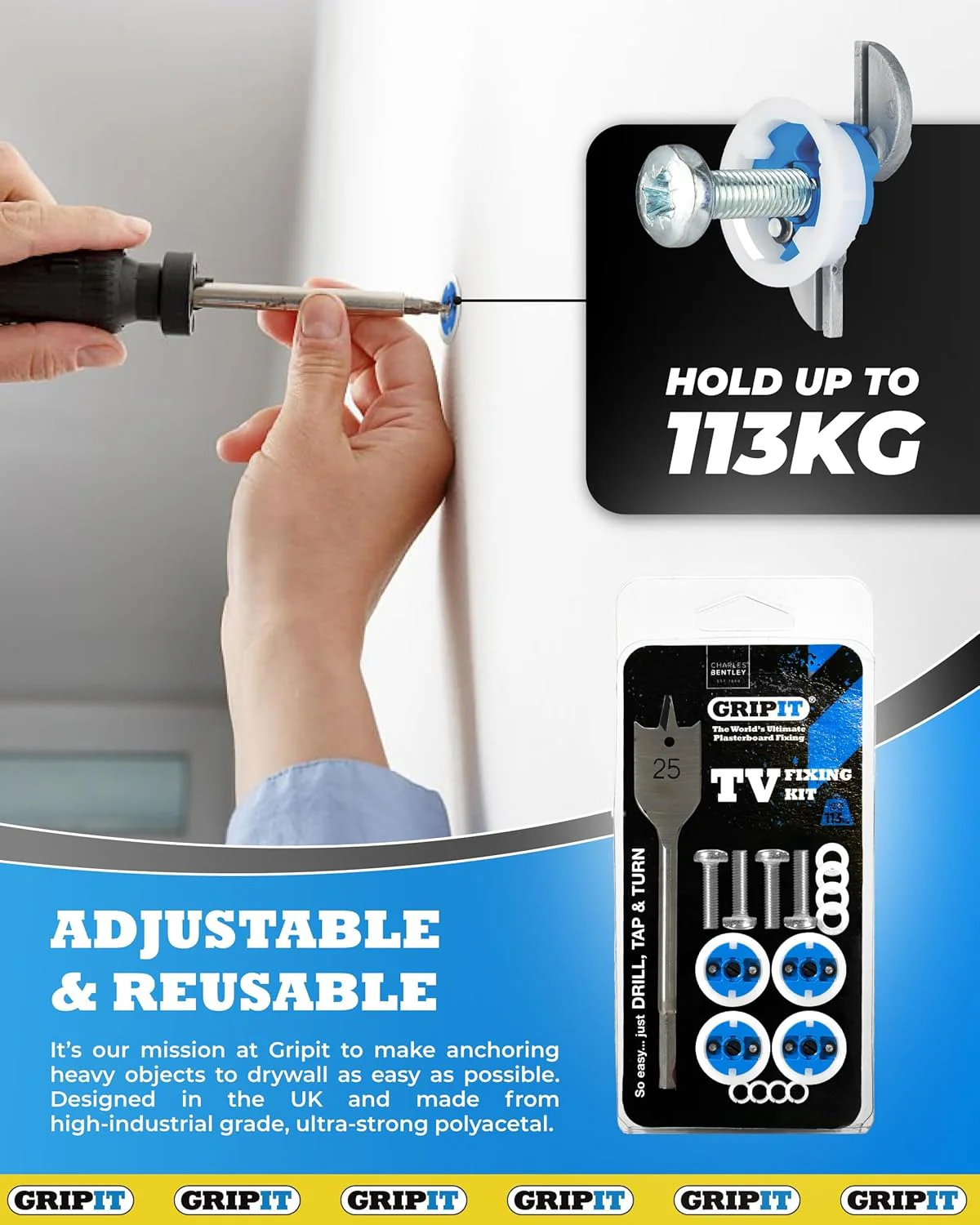 Blue TV Kit - Pack of 4 - Heavy Duty Plasterboard Fixings for Drywall & Stud Wall - Image 7