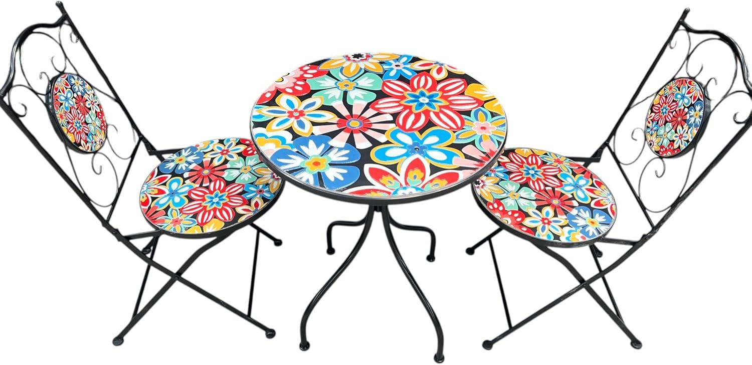 Bold Flower Print Mosaic Metal Bistro Set - Image 2
