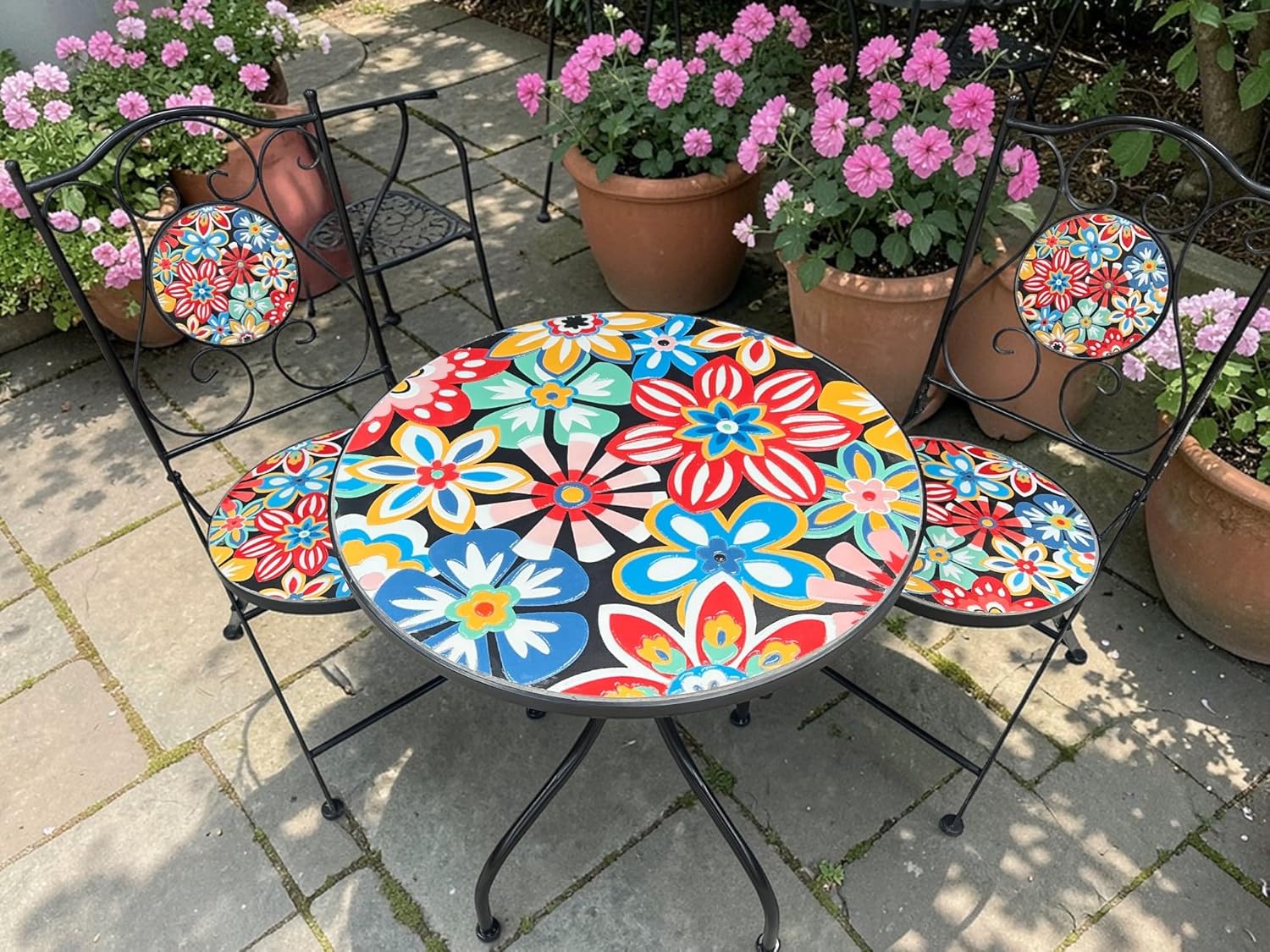 Bold Flower Print Mosaic Metal Bistro Set - Image 4