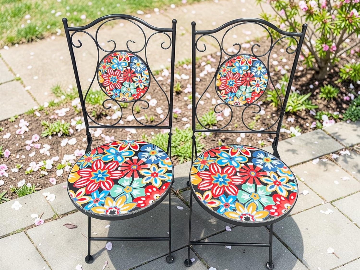 Bold Flower Print Mosaic Metal Bistro Set - Image 5