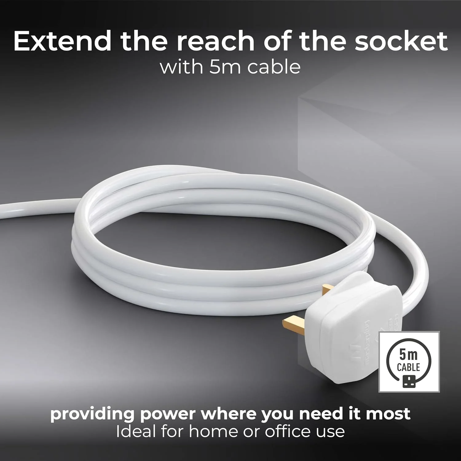 Four Socket Extension Lead, Unswitched, 5 Metre Cable, 4-Way Plug Extension Cable - Image 6