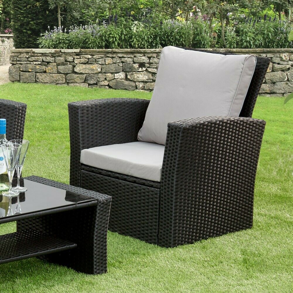 GSD Rattan 4 Piece Lounge Set - Black with Grey Cushions - Image 3