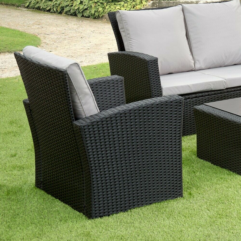 GSD Rattan 4 Piece Lounge Set - Black with Grey Cushions - Image 4