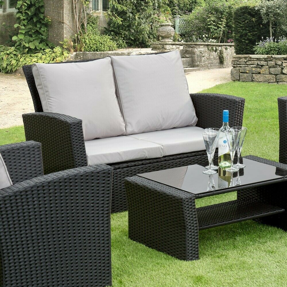 GSD Rattan 4 Piece Lounge Set - Black with Grey Cushions - Image 5