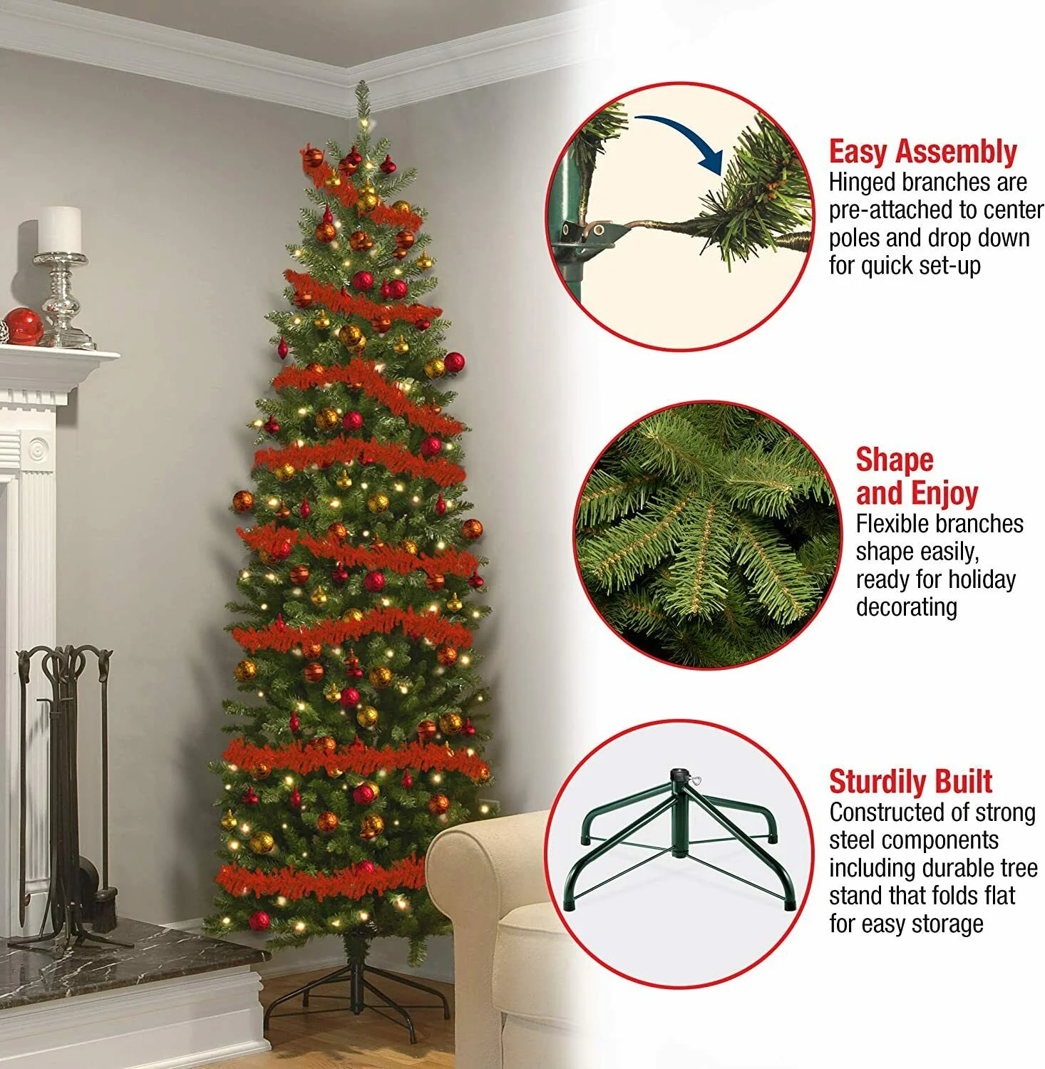 Kingswood Fir Slim Pencil Pre-Lit Christmas Tree - 7ft/210cm - Warm White - Image 3