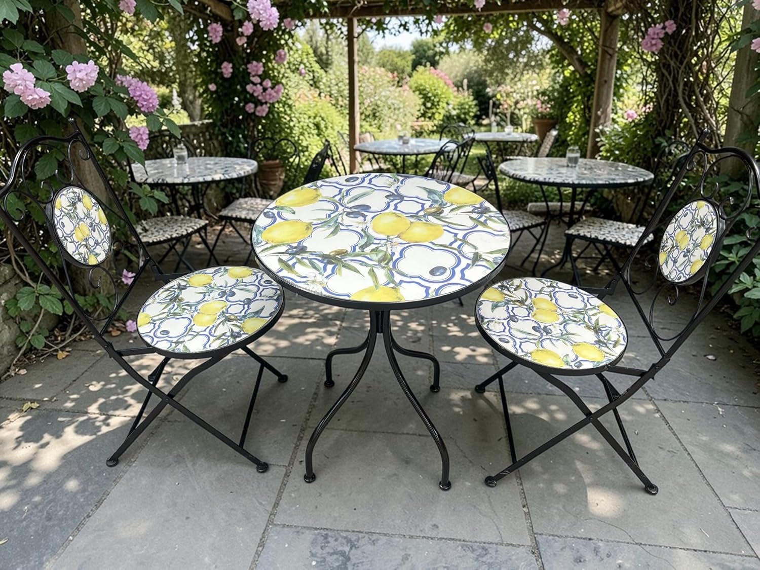 Lemon and Olive Print Mosaic Metal Bistro Set