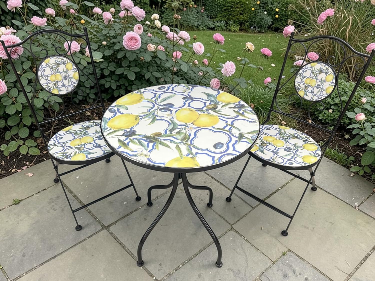 Lemon and Olive Print Mosaic Metal Bistro Set - Image 2
