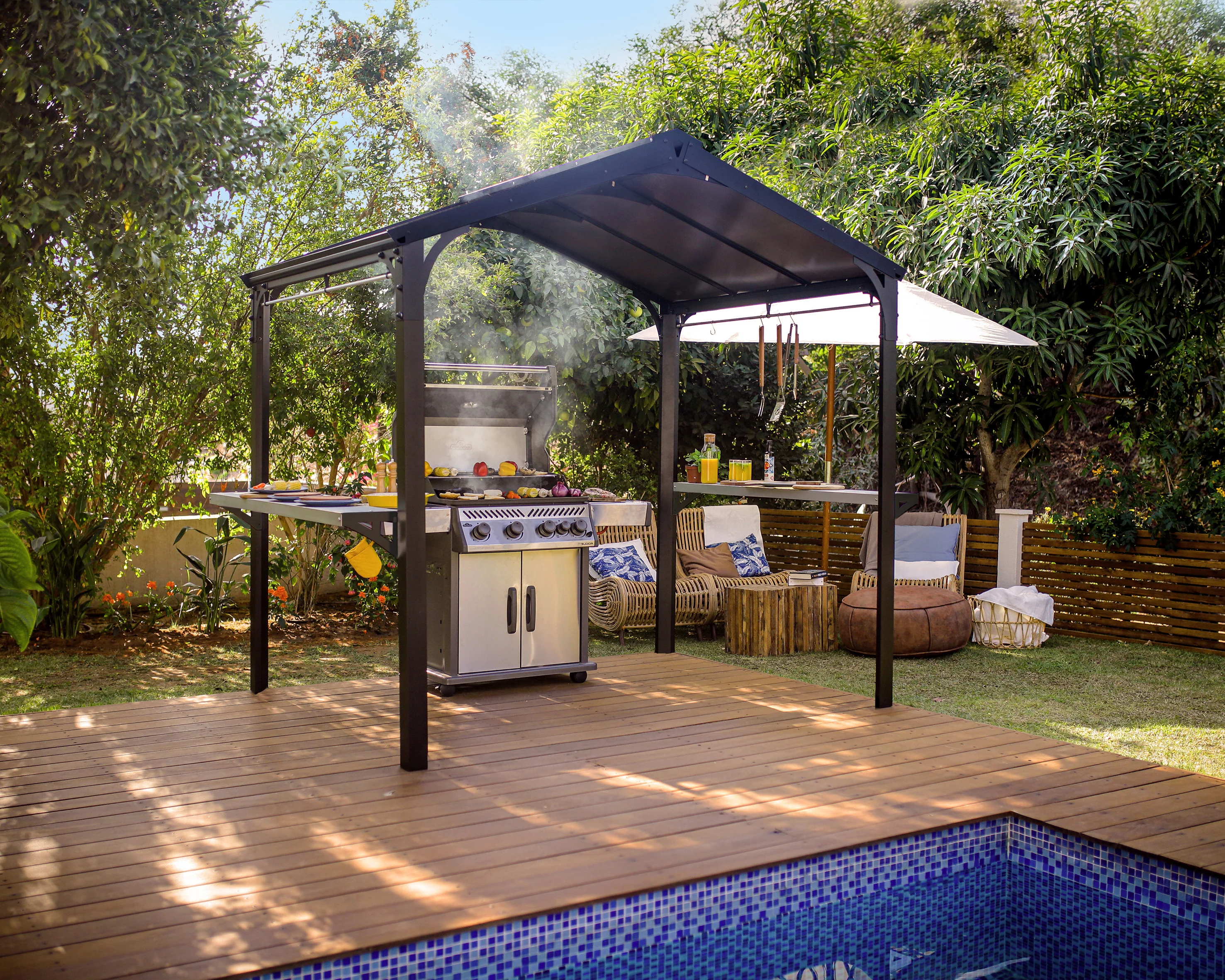 Austin 1.8m x 2.4m Outdoor BBQ Gazebo in Black Aluminium with Polycarbonate Roof