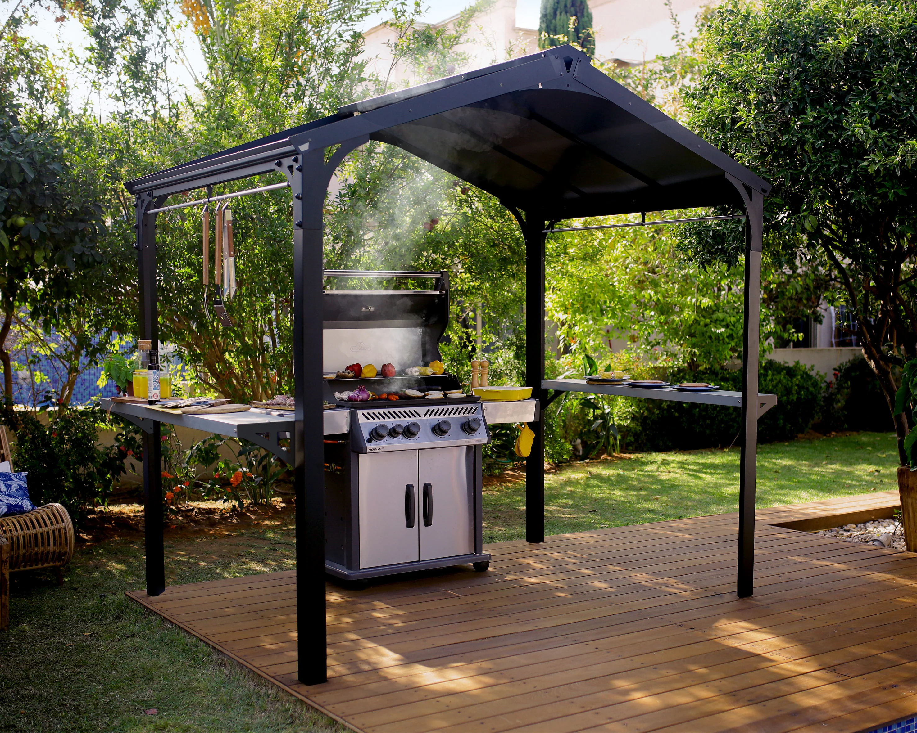 Austin 1.8m x 2.4m Outdoor BBQ Gazebo in Black Aluminium with Polycarbonate Roof - Image 5