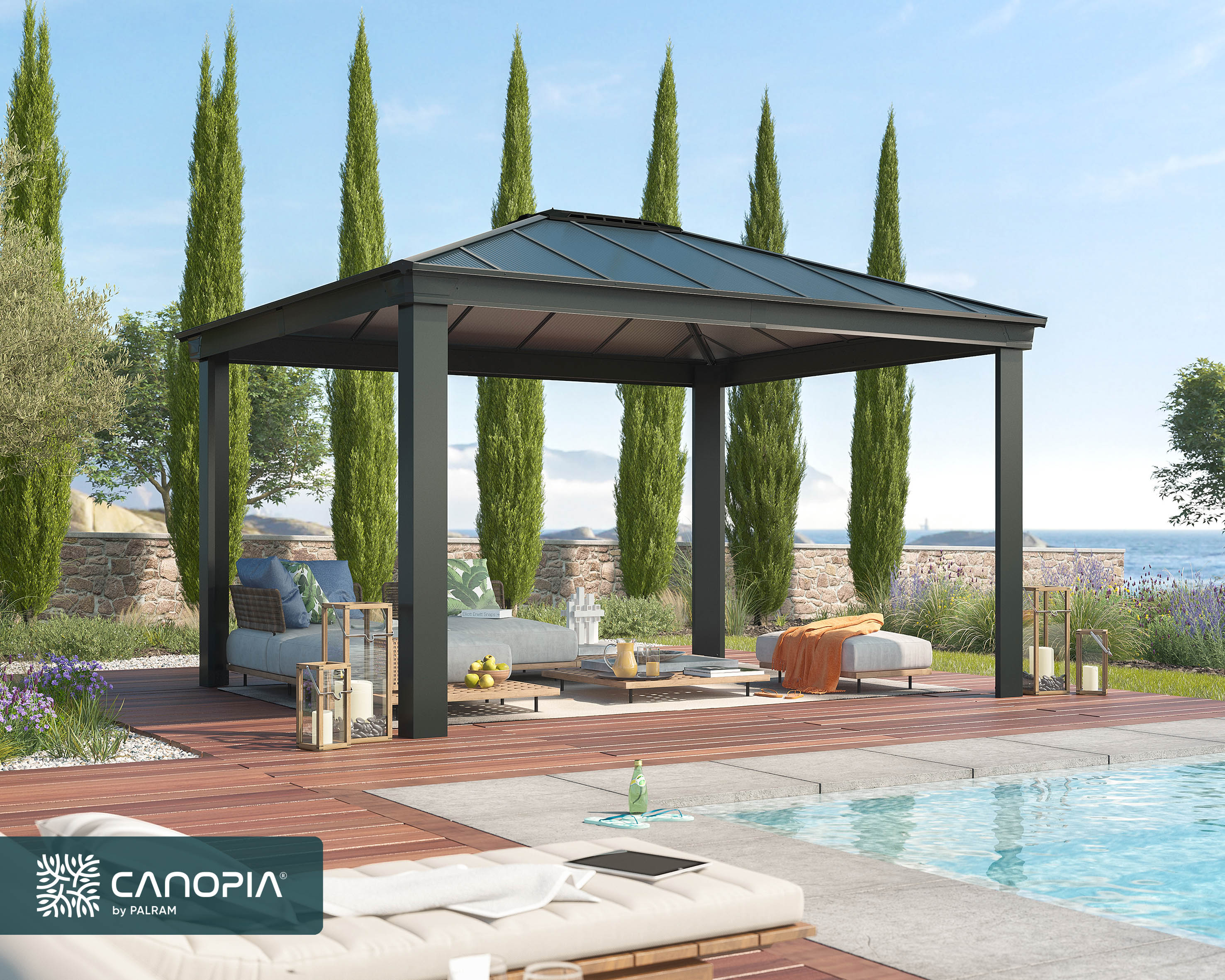 Dallas 3.6m x 4.3m Garden Gazebo in Grey Aluminium with Polycarbonate Roof