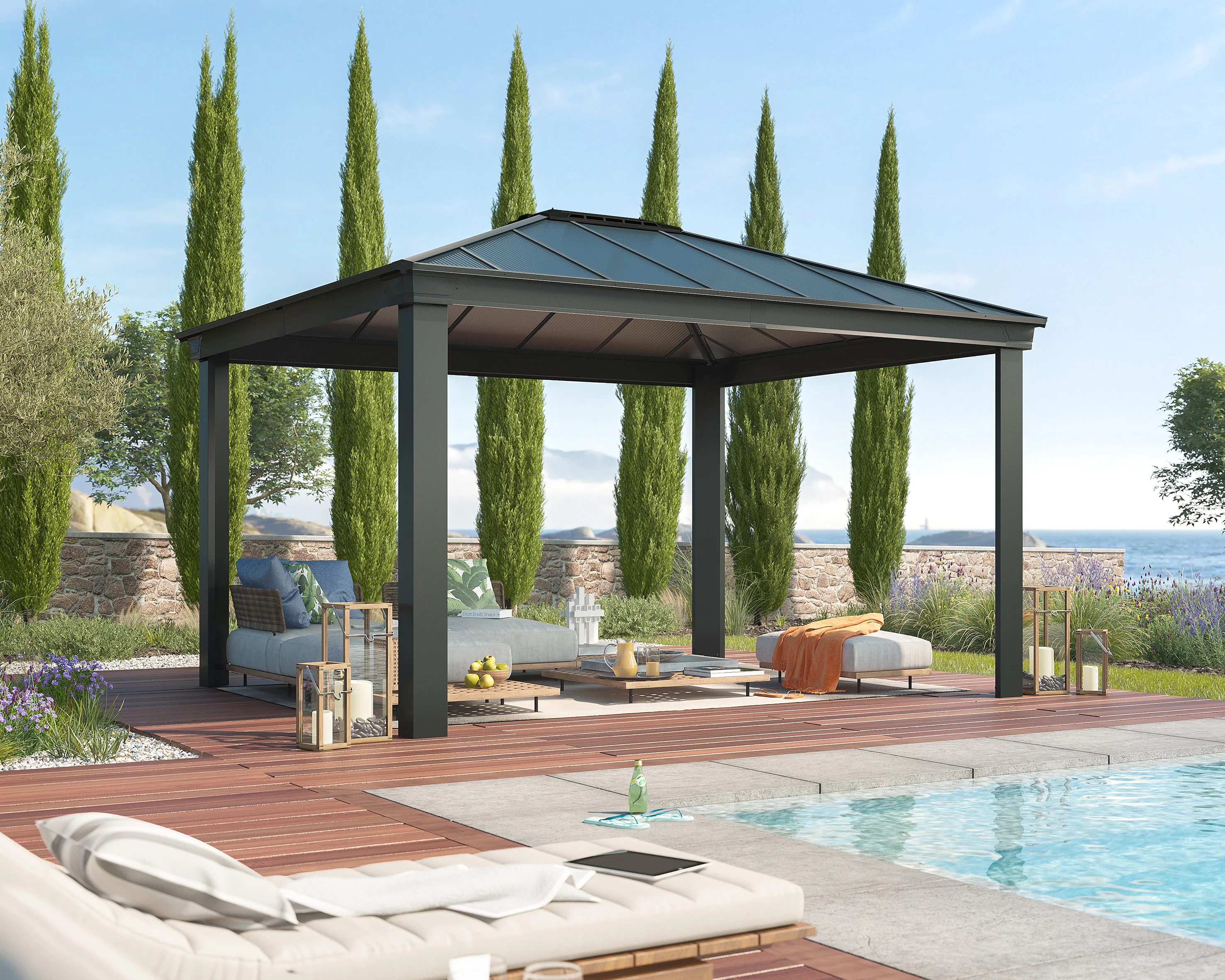 Dallas 3.6m x 4.3m Garden Gazebo in Grey Aluminium with Polycarbonate Roof - Image 3