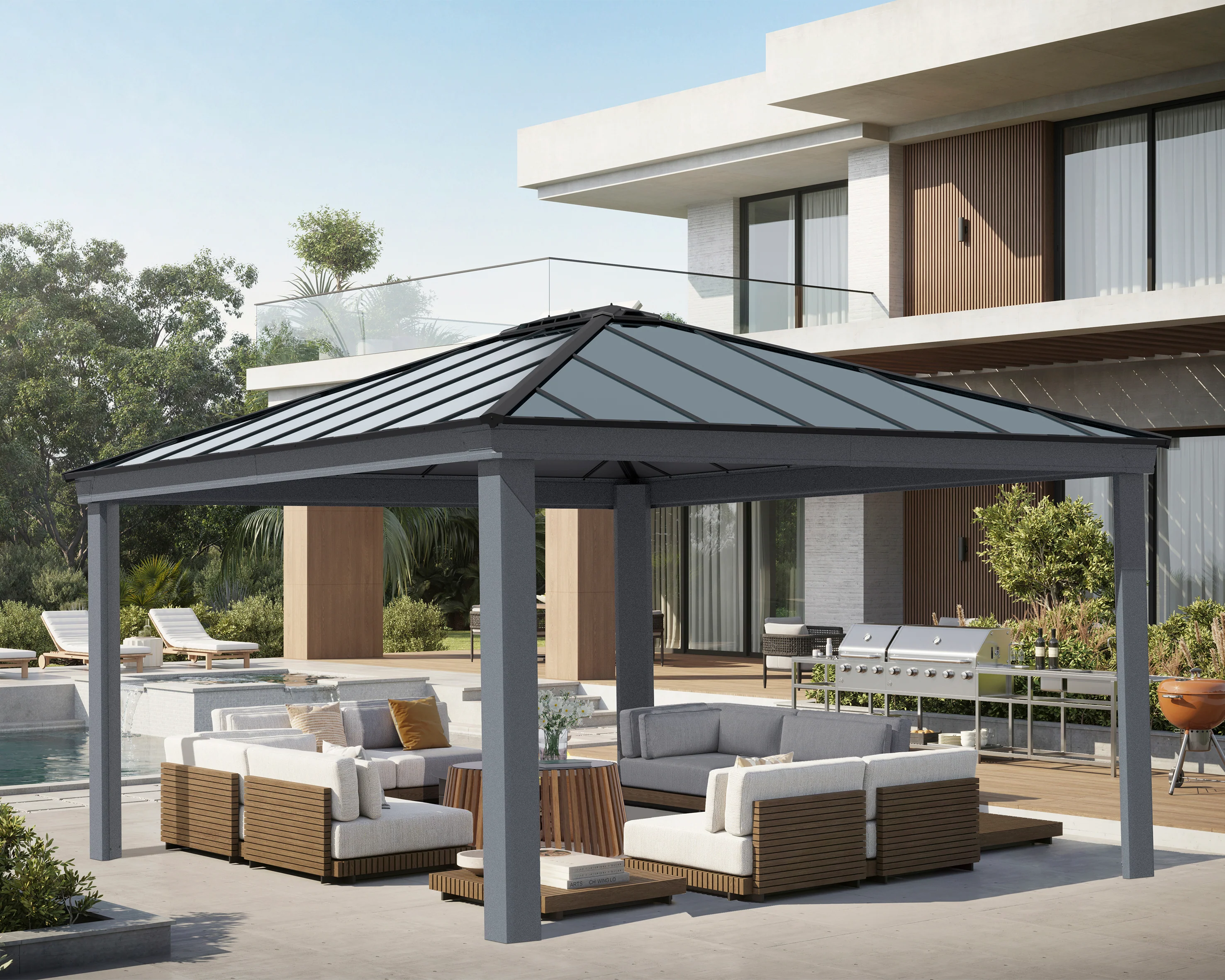 Dallas 4.2m x 4.9m Garden Gazebo in Grey Aluminium with Polycarbonate Roof