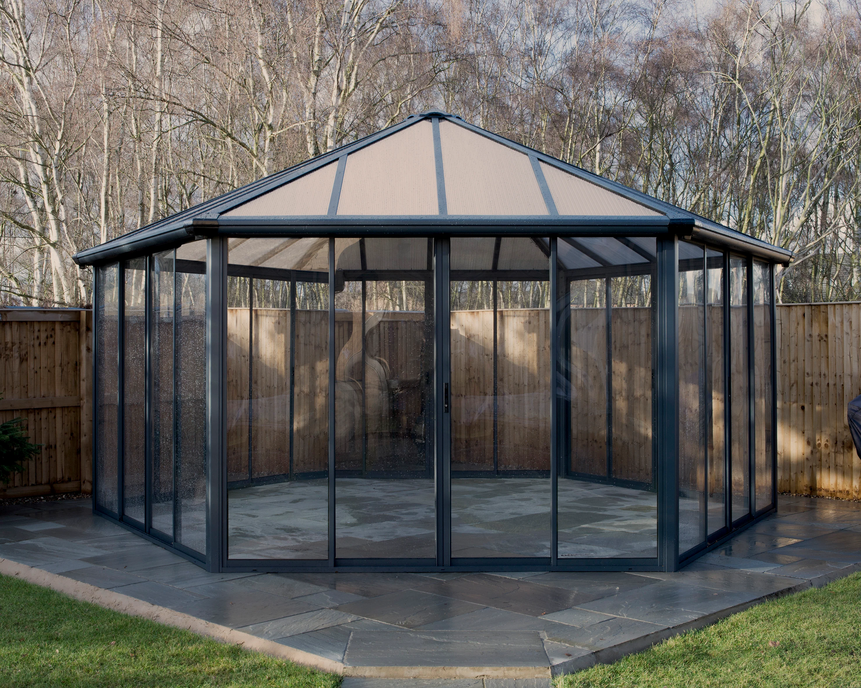 Garda 6m x 5m Hexagonal Enclosed Gazebo Kit - Grey Structure & Hybrid Panels - Image 2