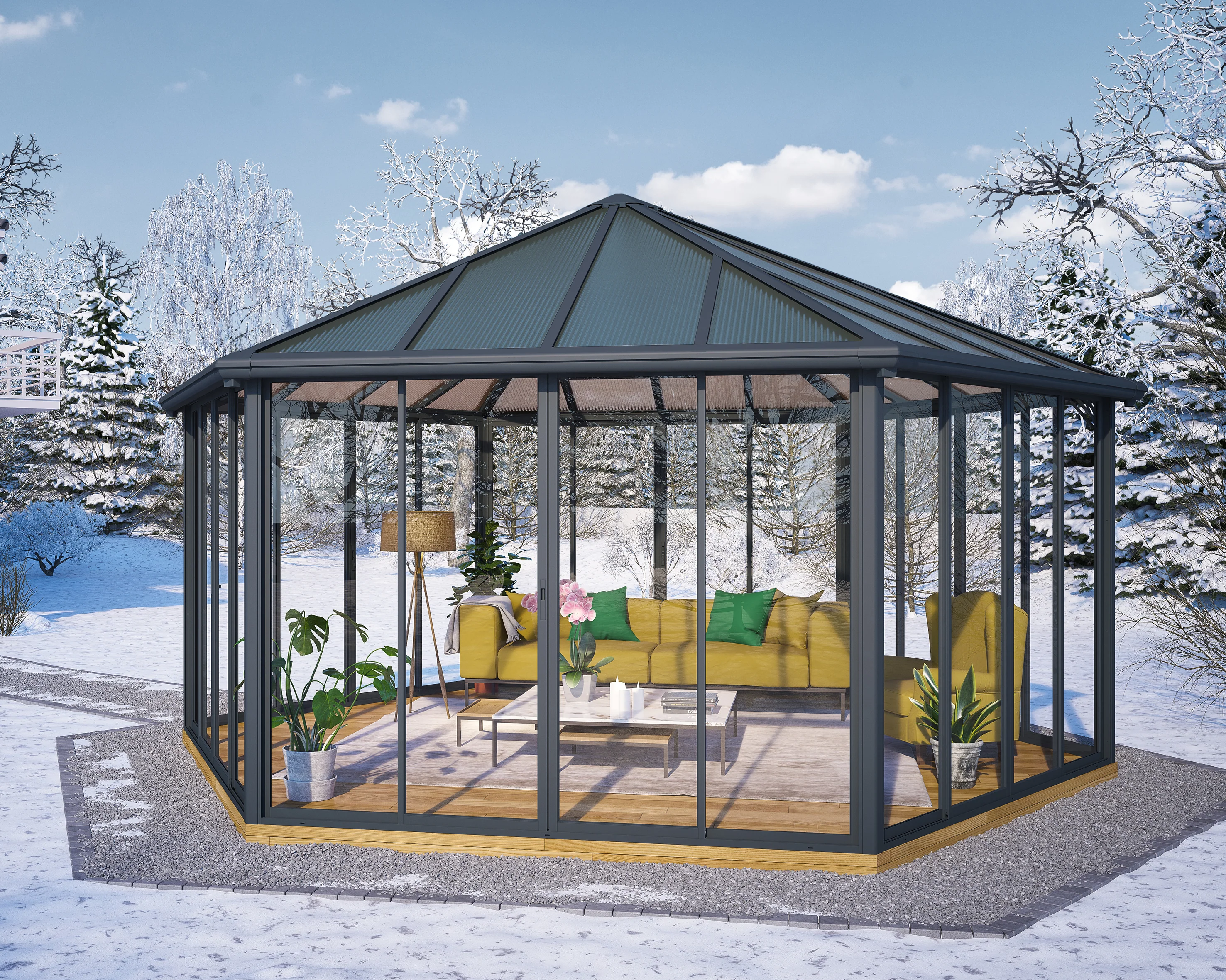 Garda 6m x 5m Hexagonal Enclosed Gazebo Kit - Grey Structure & Hybrid Panels - Image 8