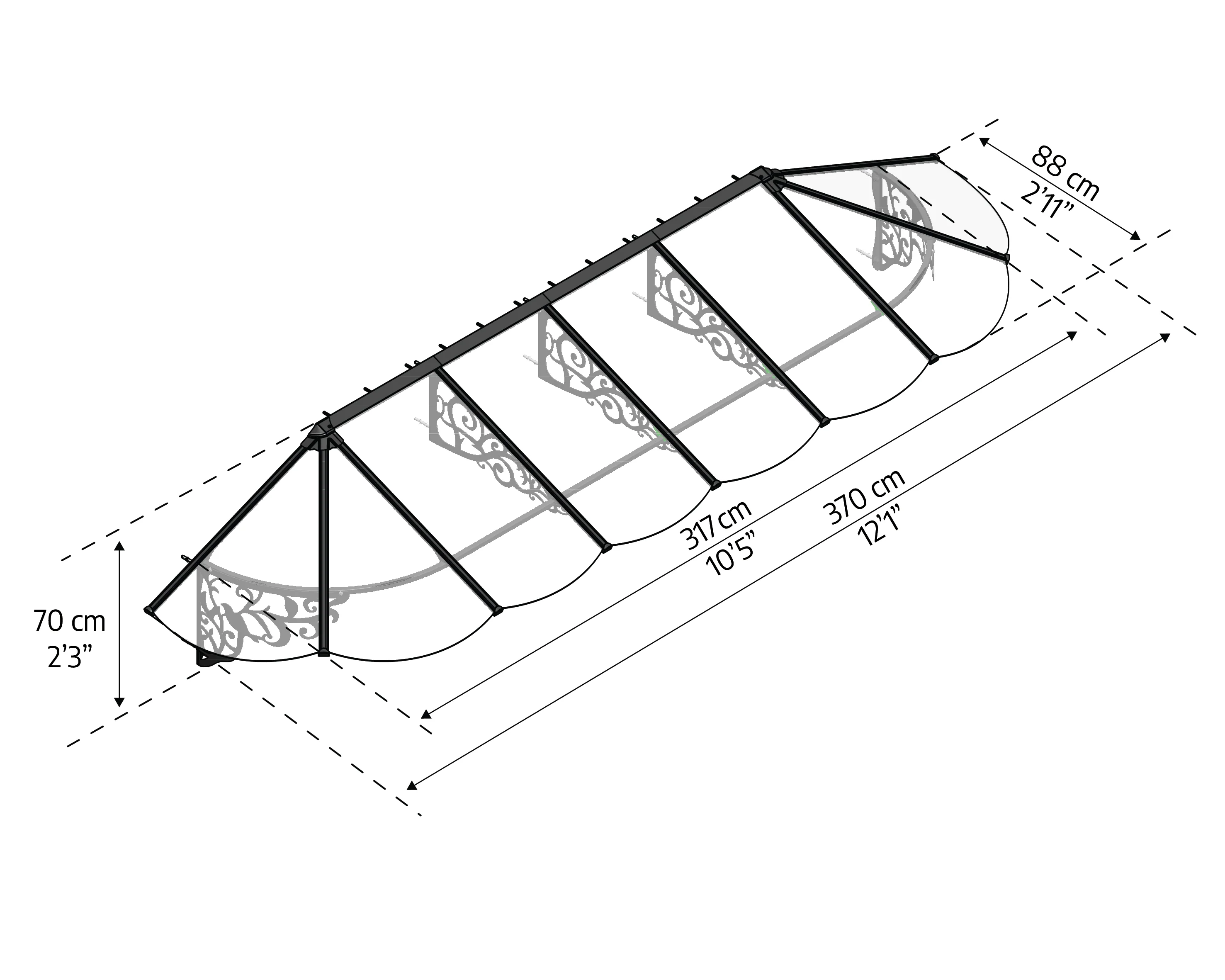 Lily 3.7m x 0.9m Door Canopy - Black Frame & Clear Polycarbonate - Image 7