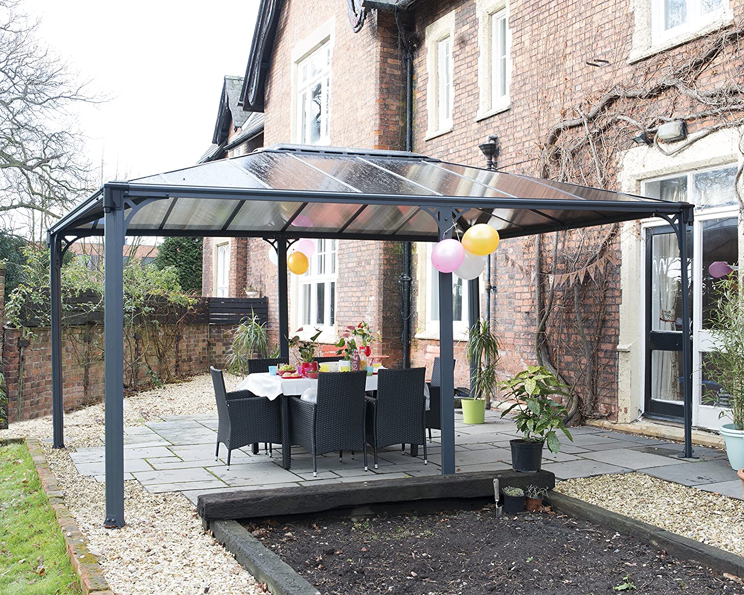 Martinique 3.6m x 5m Garden Gazebo in Grey Aluminium with Polycarbonate Roof