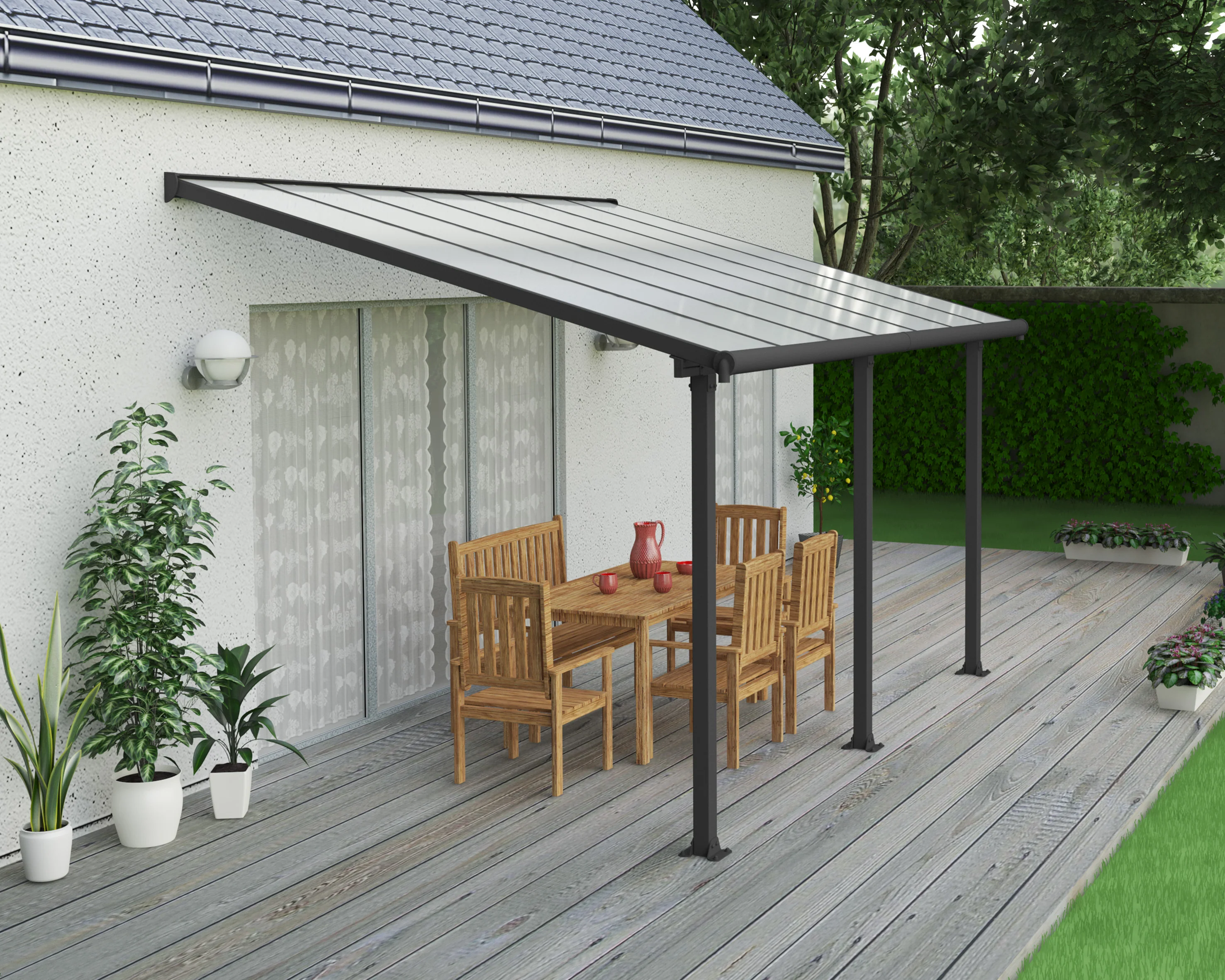 Olympia Patio Cover 3m x 4.3m - Grey Frame & Clear Polycarbonate