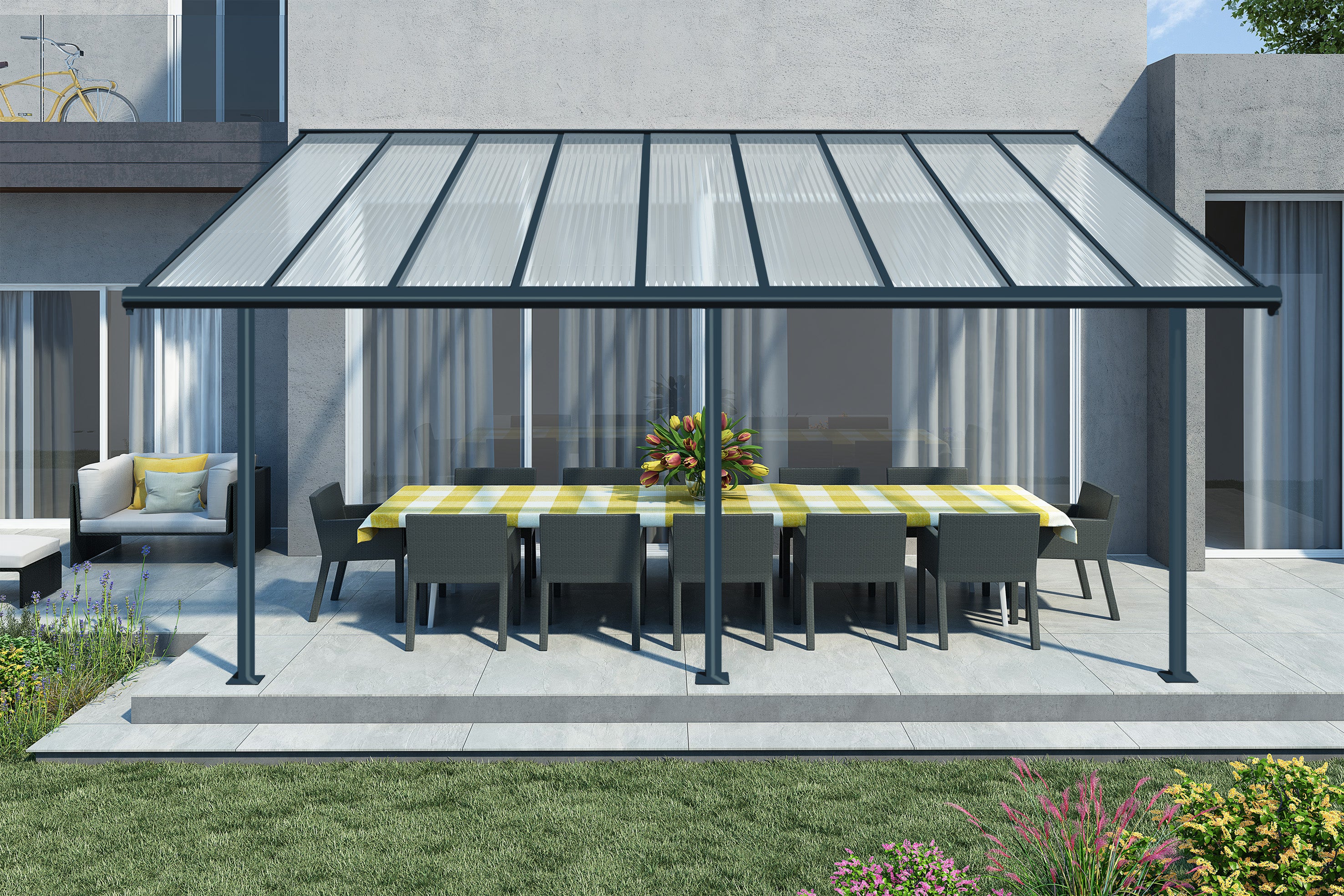 Olympia Patio Cover 3m x 5.5m - Grey Frame & Clear Polycarbonate - Image 2