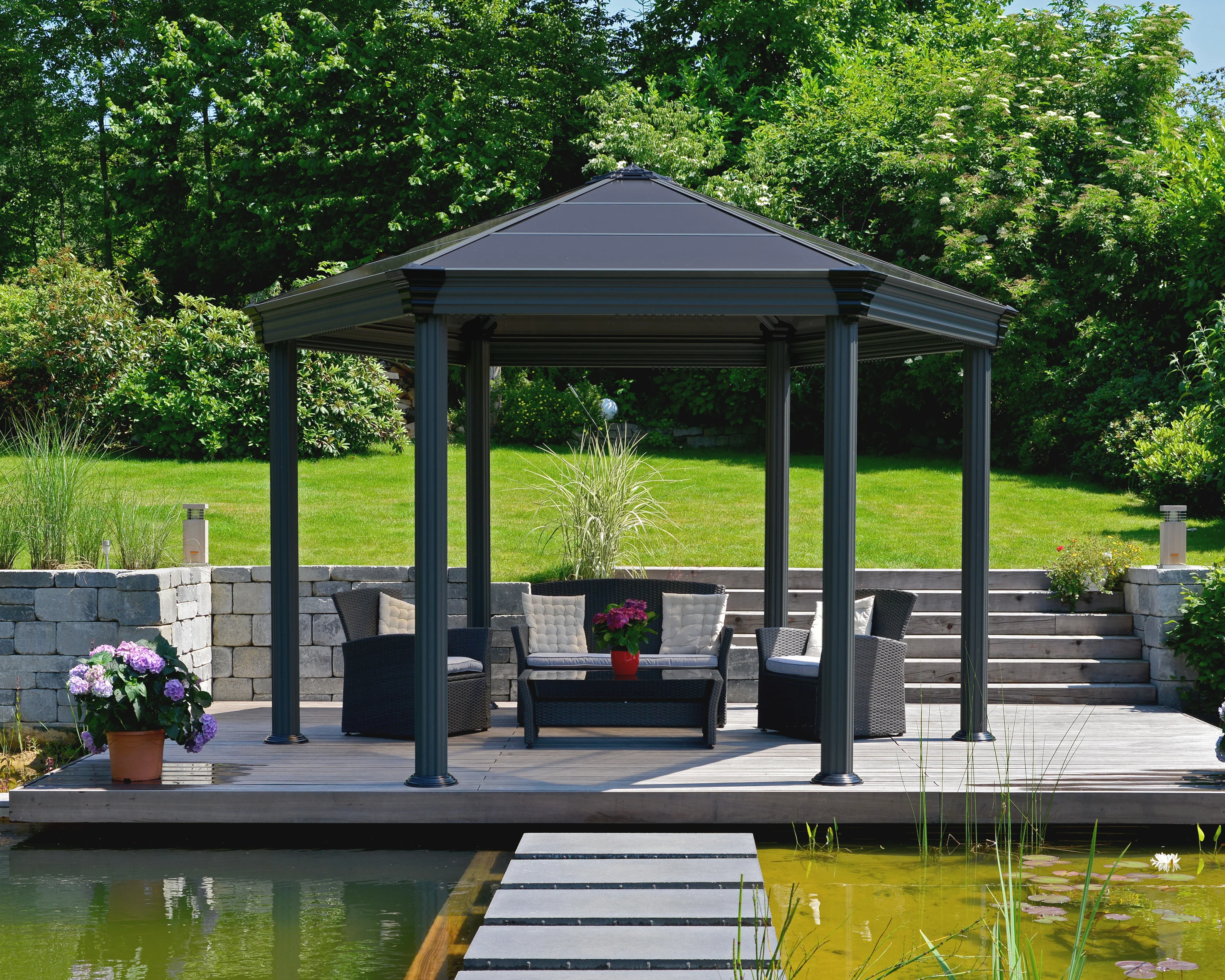 Roma 3.6m x 4m Garden Hexagonal Gazebo in Grey with Polycarbonate Roof - Image 2