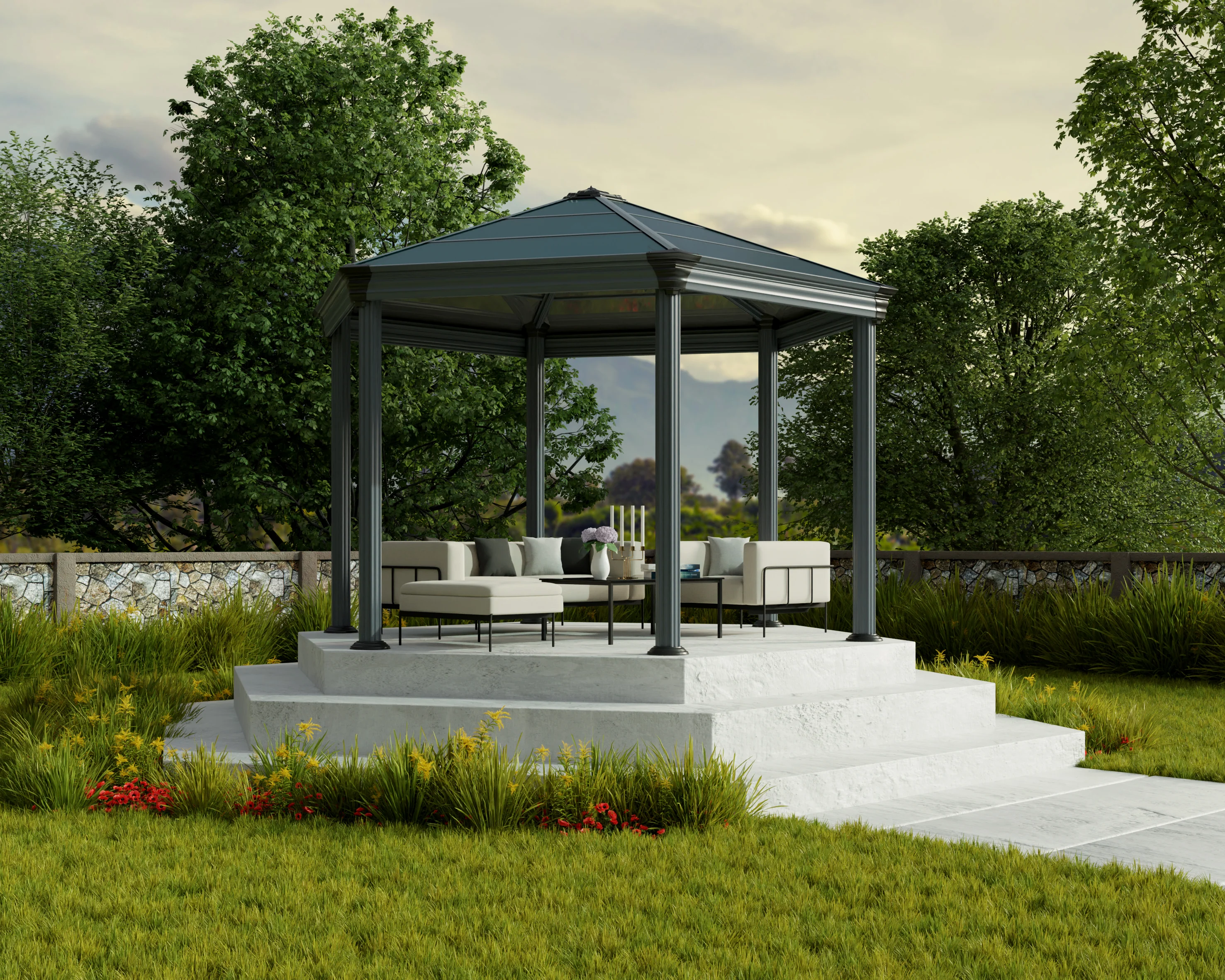 Roma 3.6m x 4m Garden Hexagonal Gazebo in Grey with Polycarbonate Roof - Image 3
