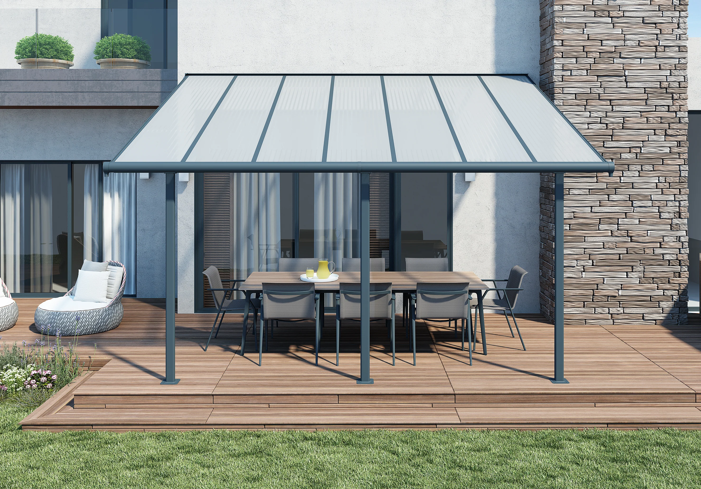 Sierra Patio Cover 3m x 4.3m - Grey Frame & Clear Polycarbonate - Image 2