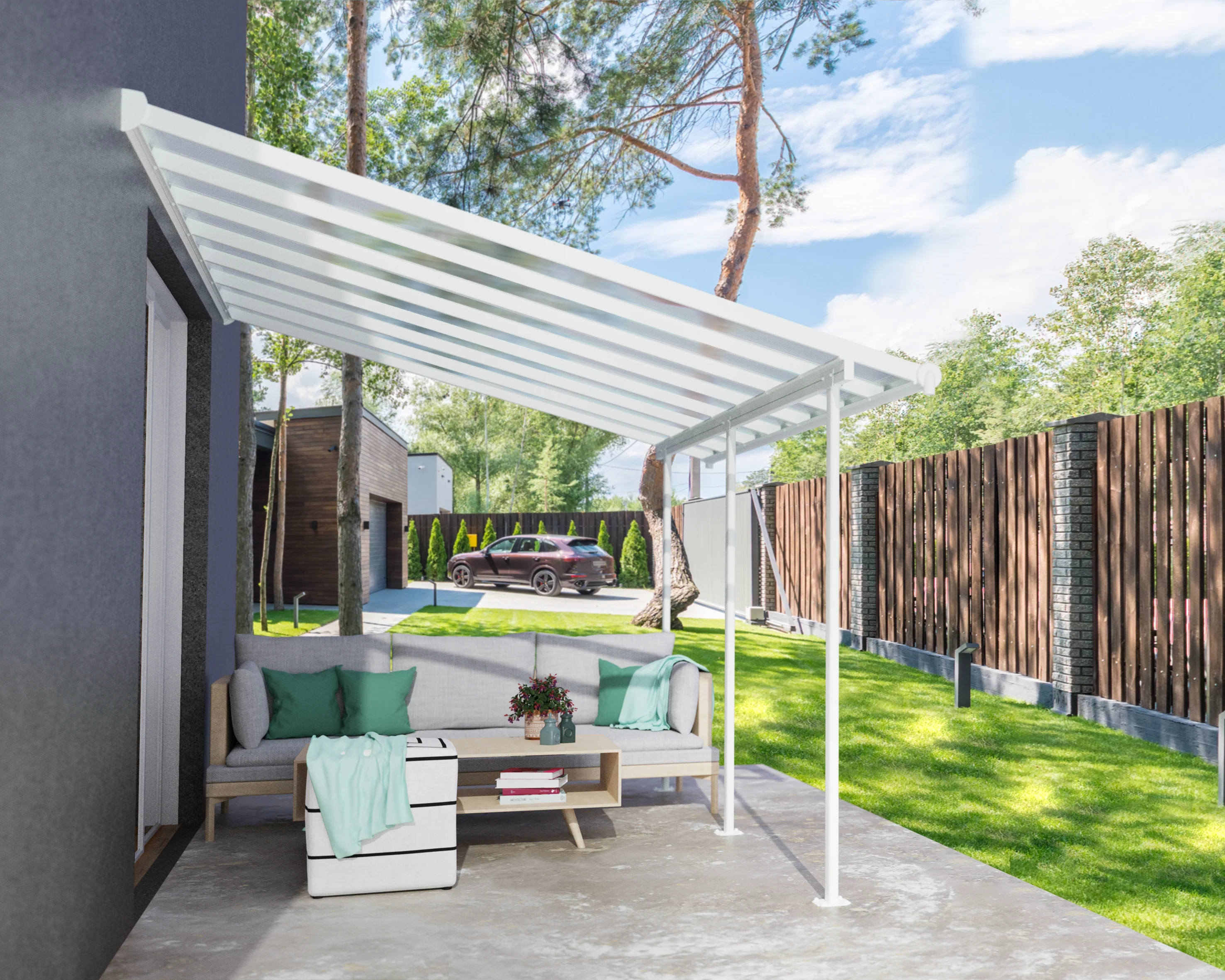 Sierra Patio Cover 3m x 4.3m - White Frame & Clear Polycarbonate - Image 2