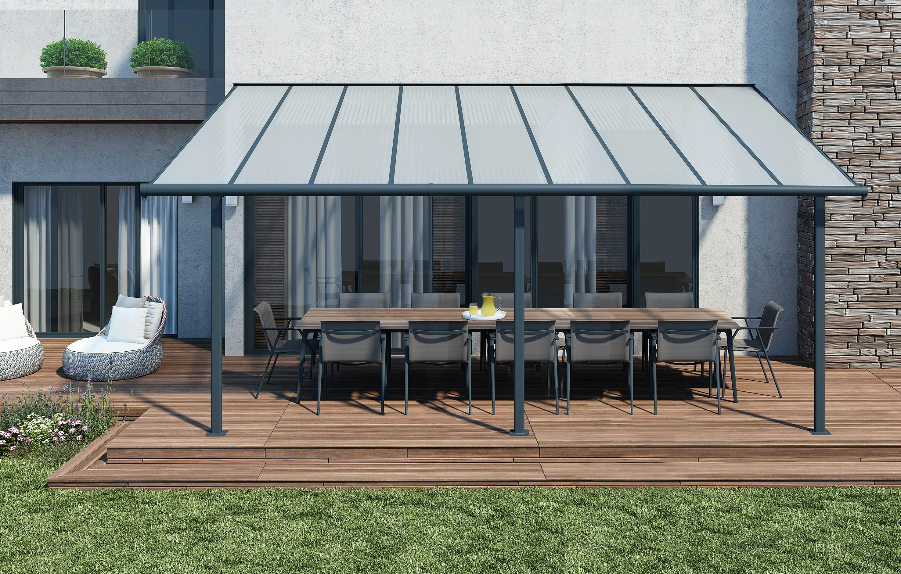 Sierra Patio Cover 3m x 5.6m - Grey Frame & Clear Polycarbonate - Image 10