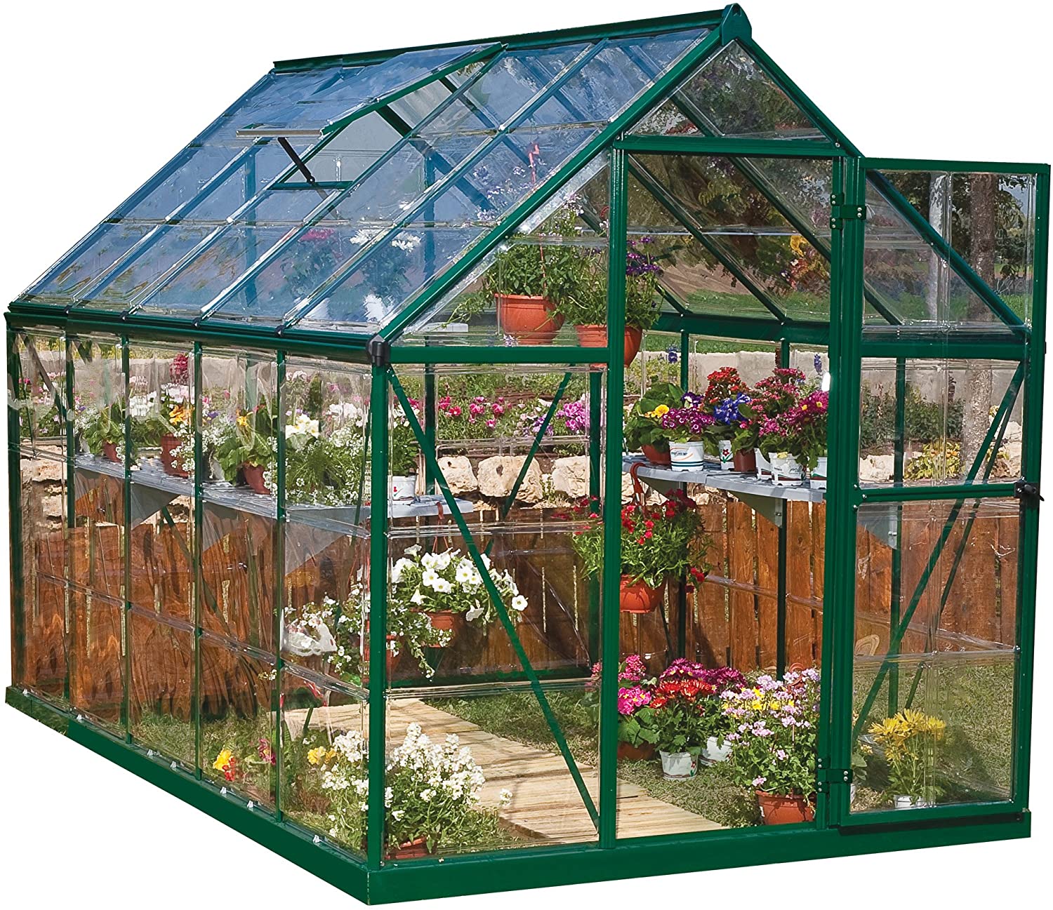 Harmony 6' x 10' Greenhouse - Green Frame & Clear Polycarbonate Panels - Image 4