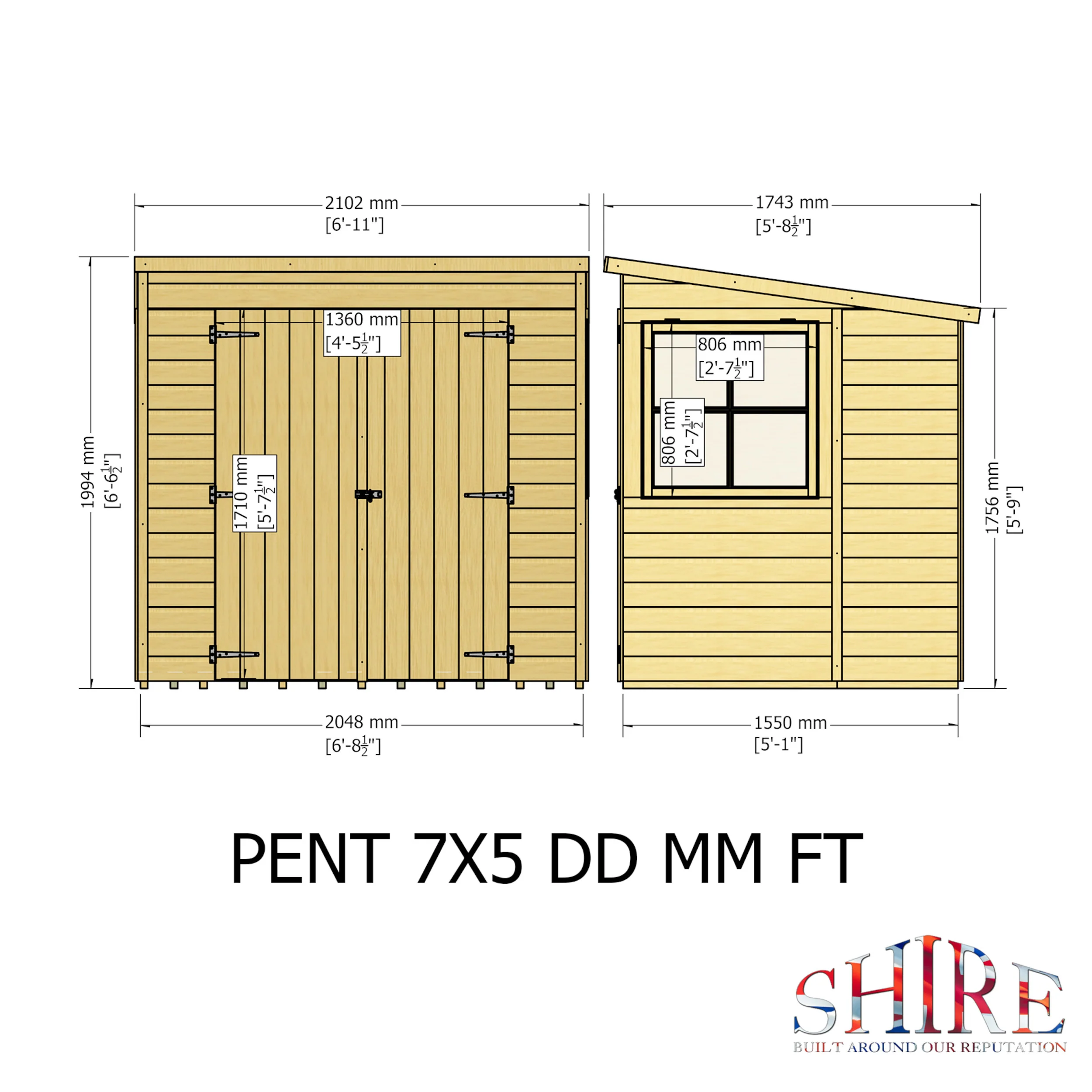 Pent 7 ft x 5 ft Shiplap Double Door Shed - Image 8