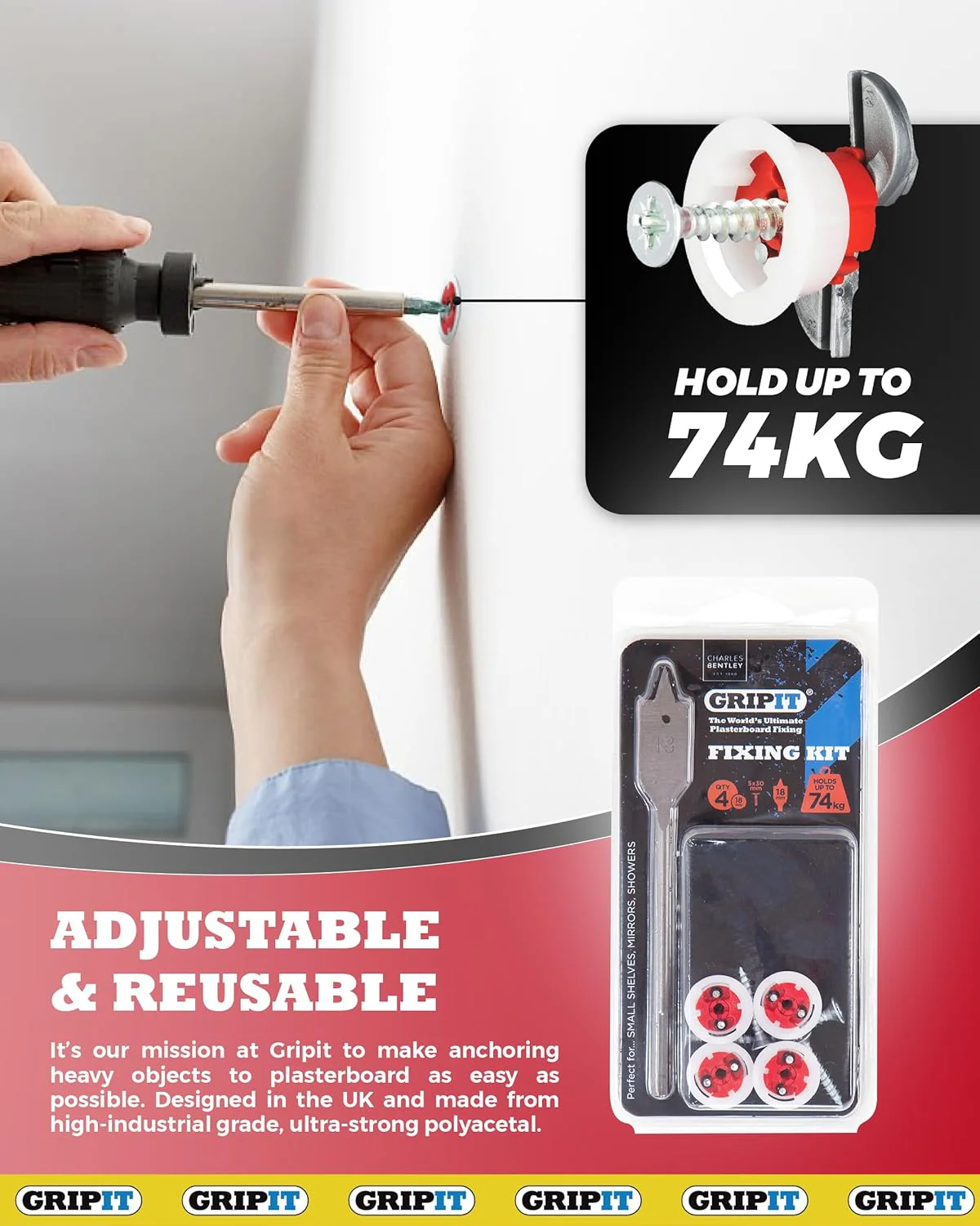 Red Shelf Kit - Pack of 4 - Heavy Duty Plasterboard Fixings for Drywall & Stud Wall - Image 7