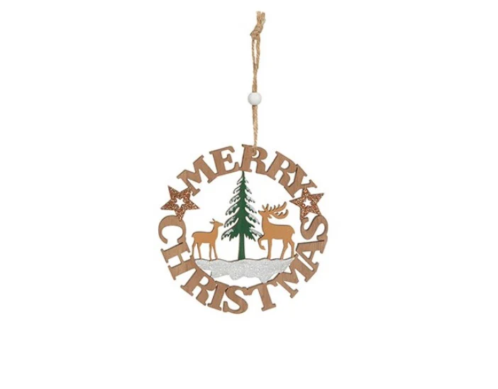 Set of 2 Wooden Merry Christmas Wreath Tree Decorations 12cm - Image 3