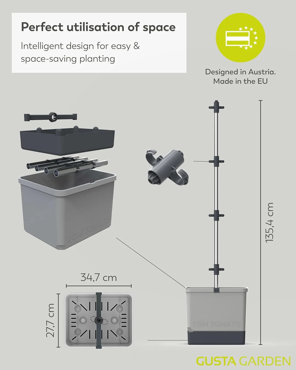 Tom Tomato Planter Light Grey - Climbing Aid, Self-Watering System & Plant Clips - Image 6