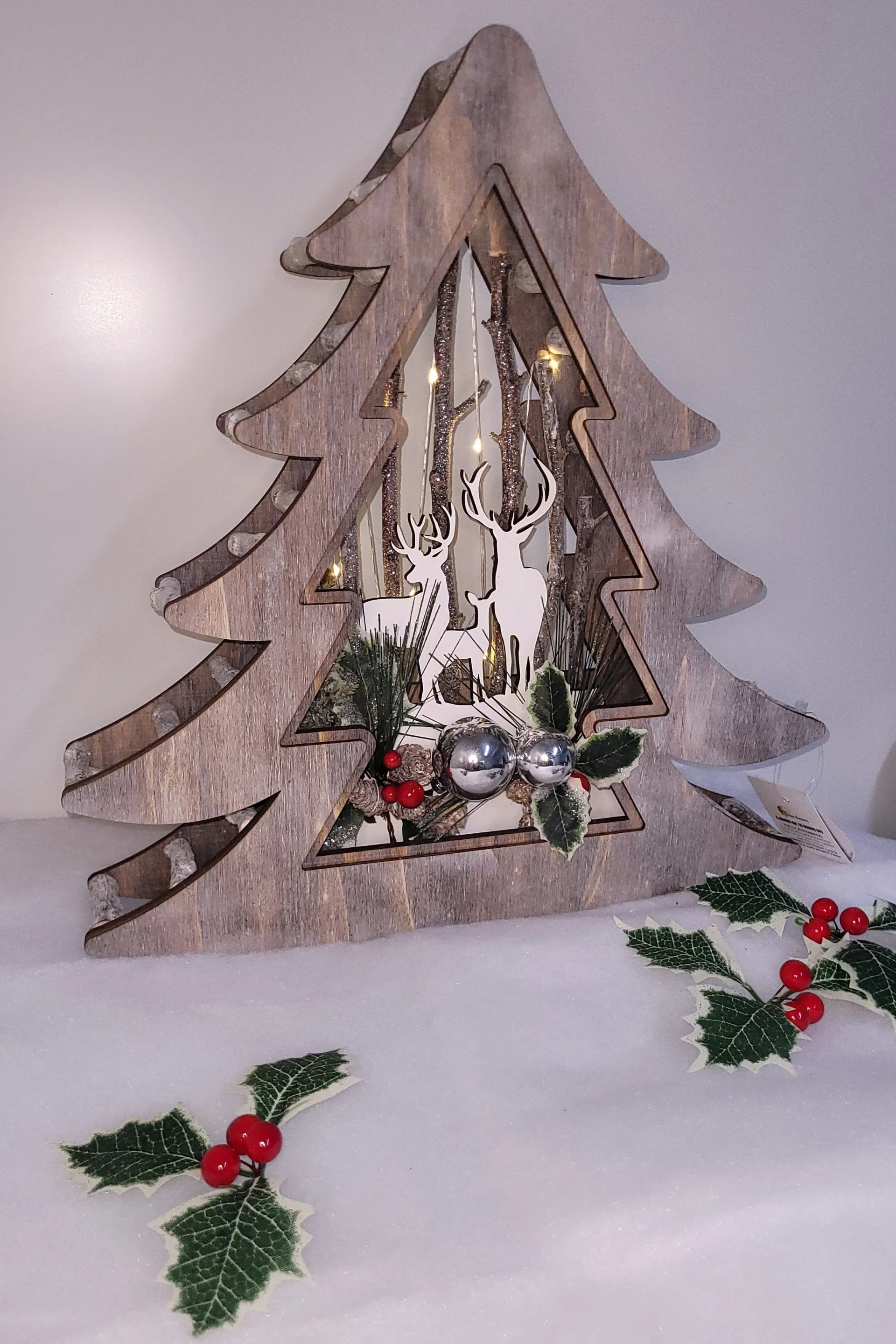 Wood Effect Christmas Tree 38cm with Deer Scene and Warm White LEDs - Image 4
