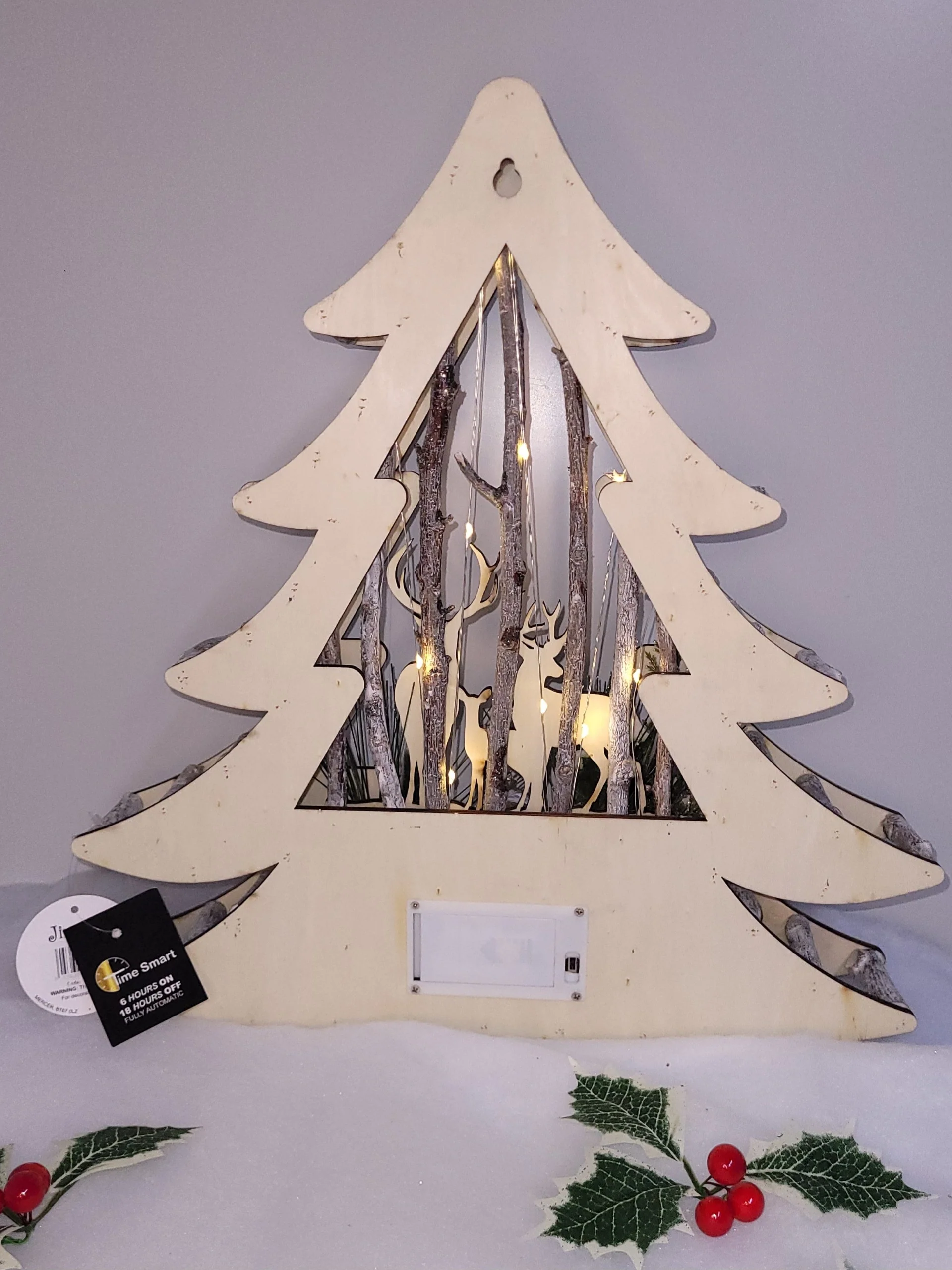 Wood Effect Christmas Tree 38cm with Deer Scene and Warm White LEDs - Image 5
